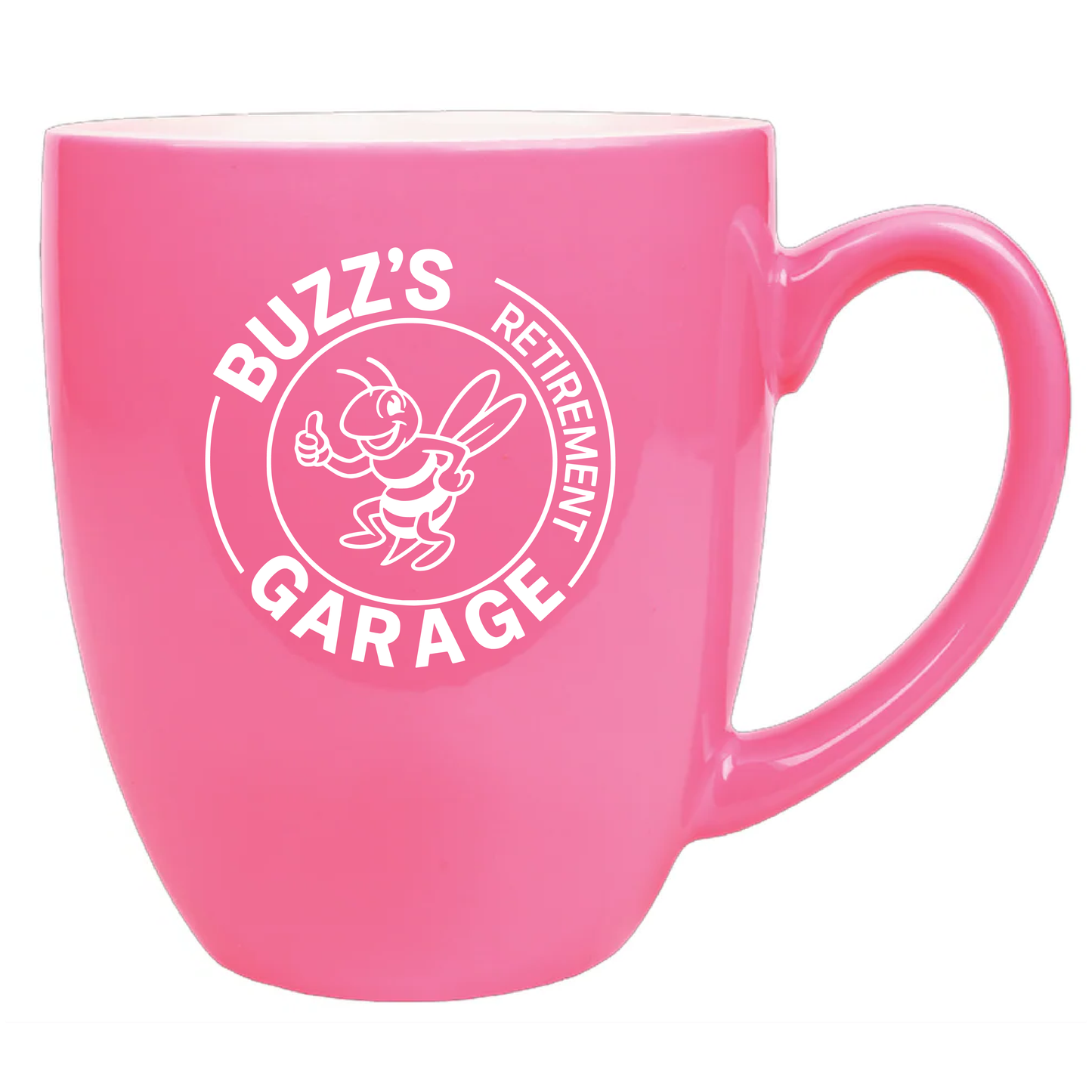 Pink mug with 'Buzz's Retirement Garage' logo on a white background