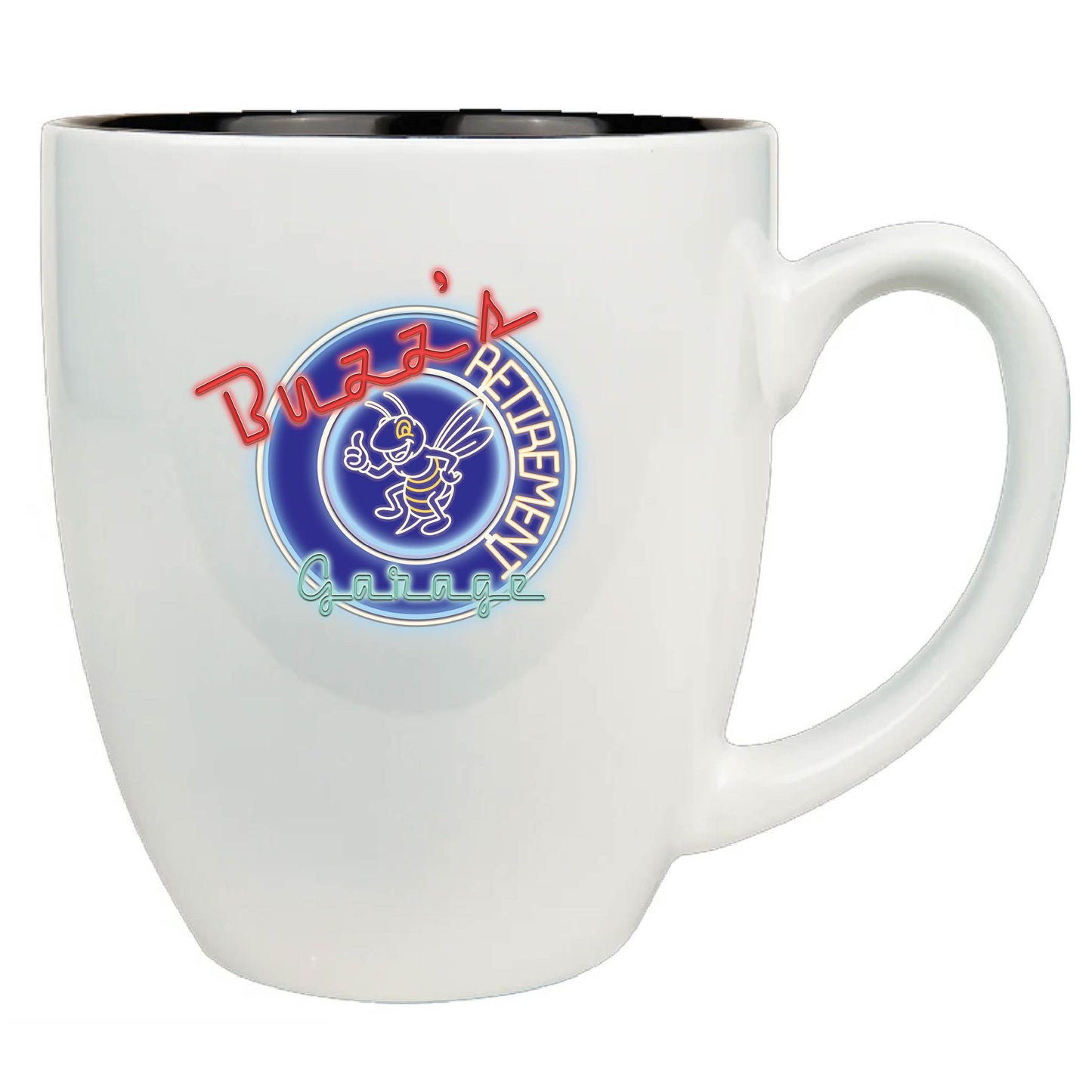 White mug with a colorful logo on a white background