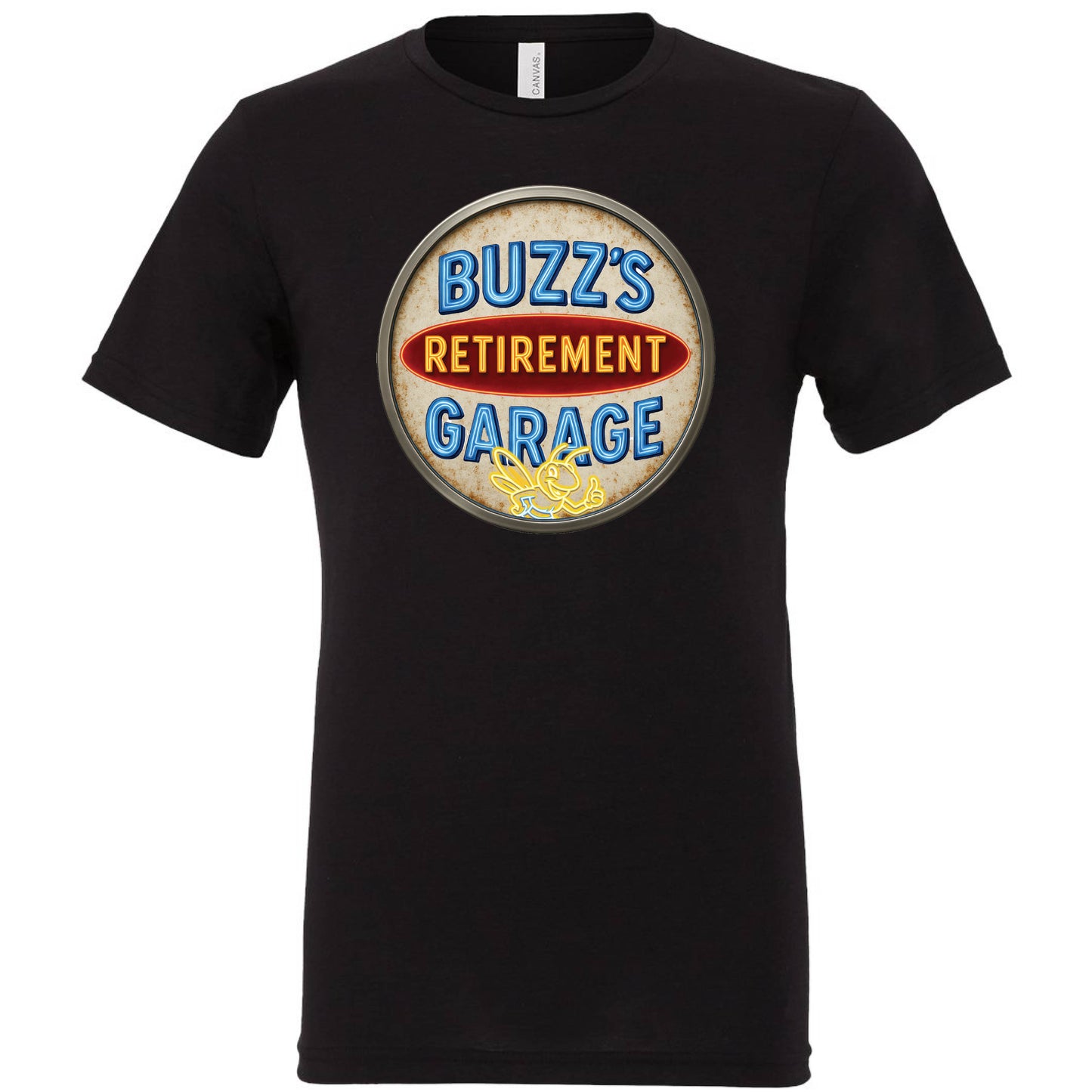Short Sleeve T-Shirt with Buzz’s Retirement Garage Antique Logo – Bella + Canvas