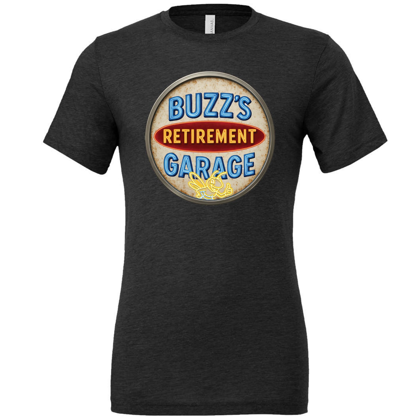 Short Sleeve T-Shirt with Buzz’s Retirement Garage Antique Logo – Bella + Canvas