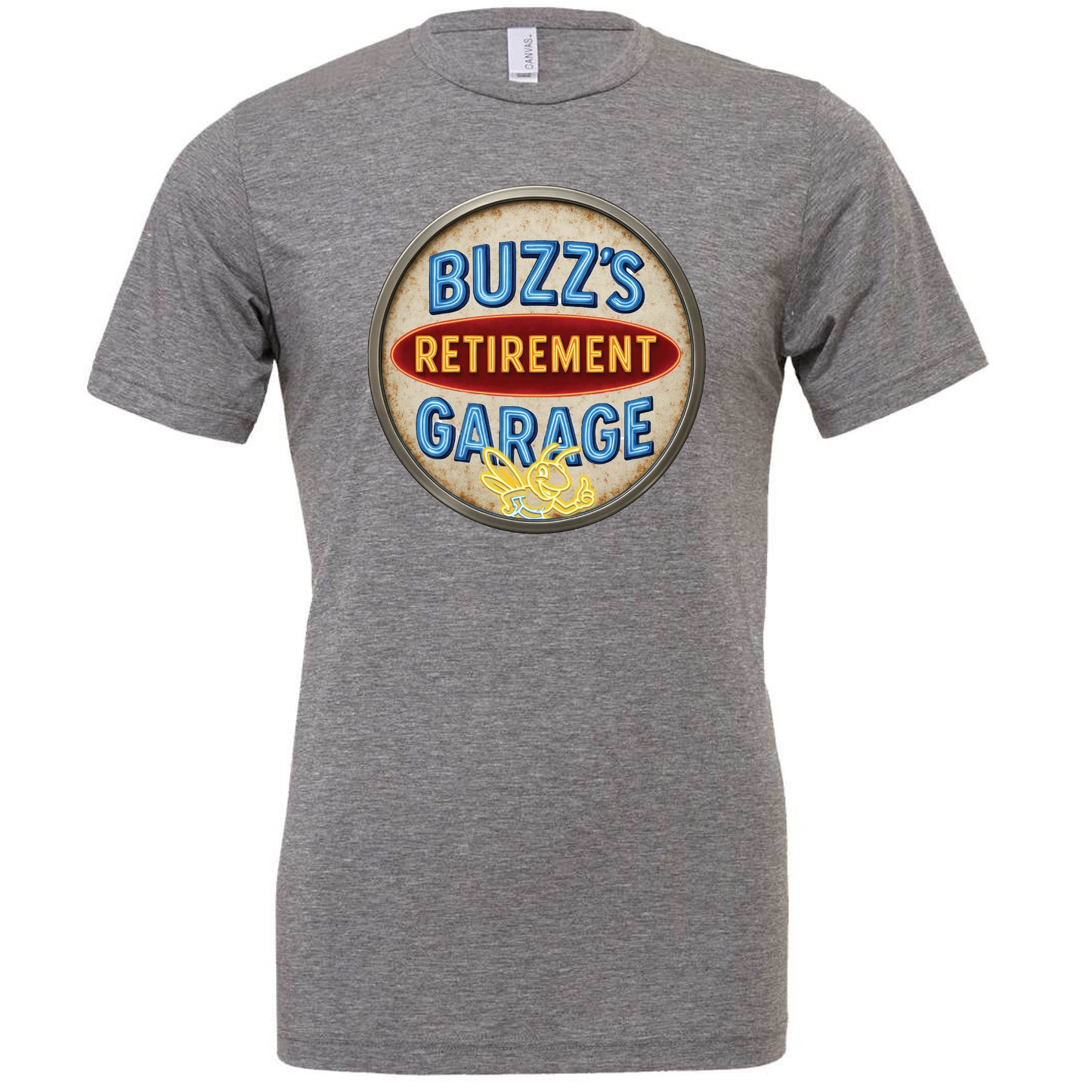 Short Sleeve T-Shirt with Buzz’s Retirement Garage Antique Logo – Bella + Canvas