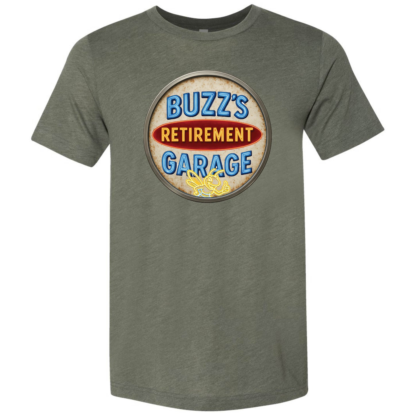 Short Sleeve T-Shirt with Buzz’s Retirement Garage Antique Logo – Bella + Canvas