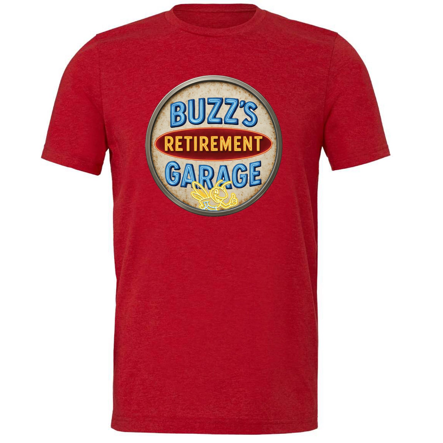 Short Sleeve T-Shirt with Buzz’s Retirement Garage Antique Logo – Bella + Canvas