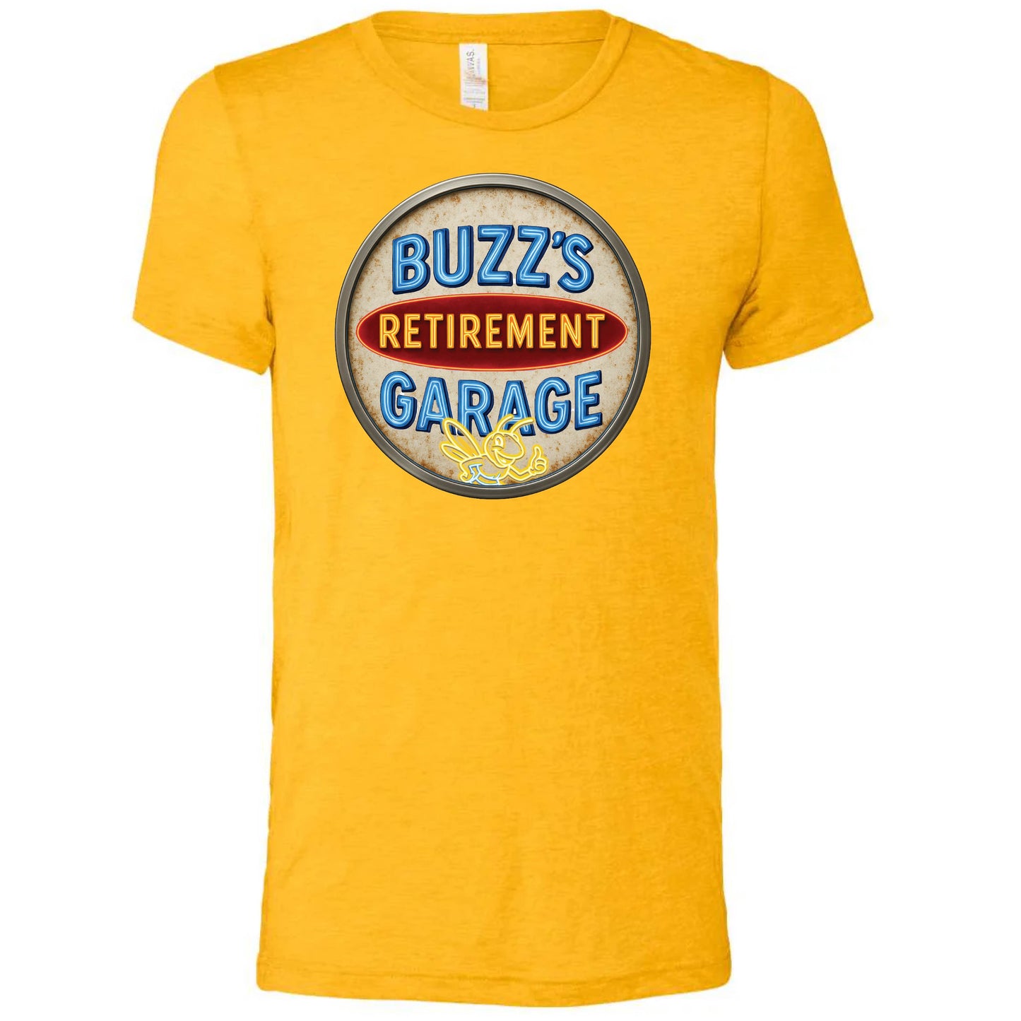 Short Sleeve T-Shirt with Buzz’s Retirement Garage Antique Logo – Bella + Canvas