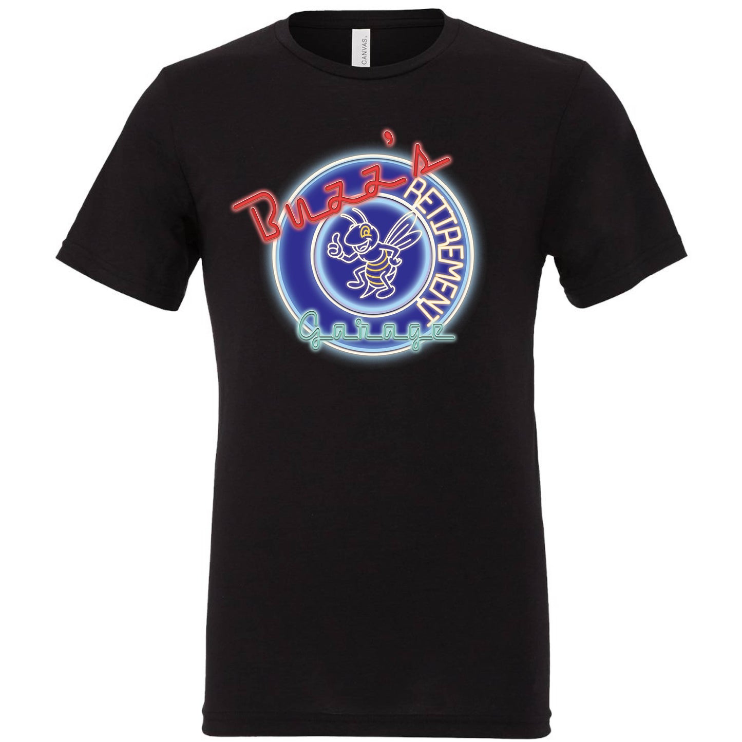 Short Sleeve T-Shirt with Buzz’s Retirement Garage Neon Logo – Bella + Canvas