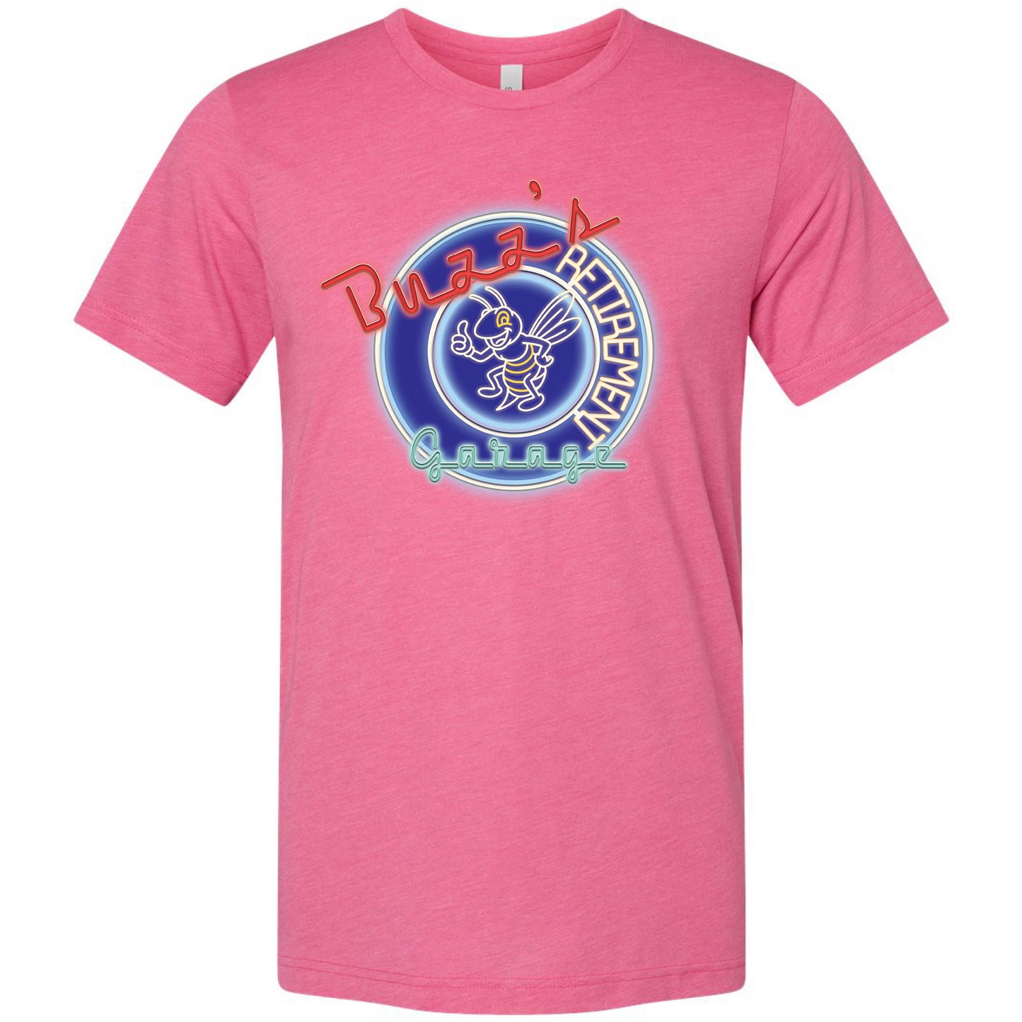 Short Sleeve T-Shirt with Buzz’s Retirement Garage Neon Logo – Bella + Canvas