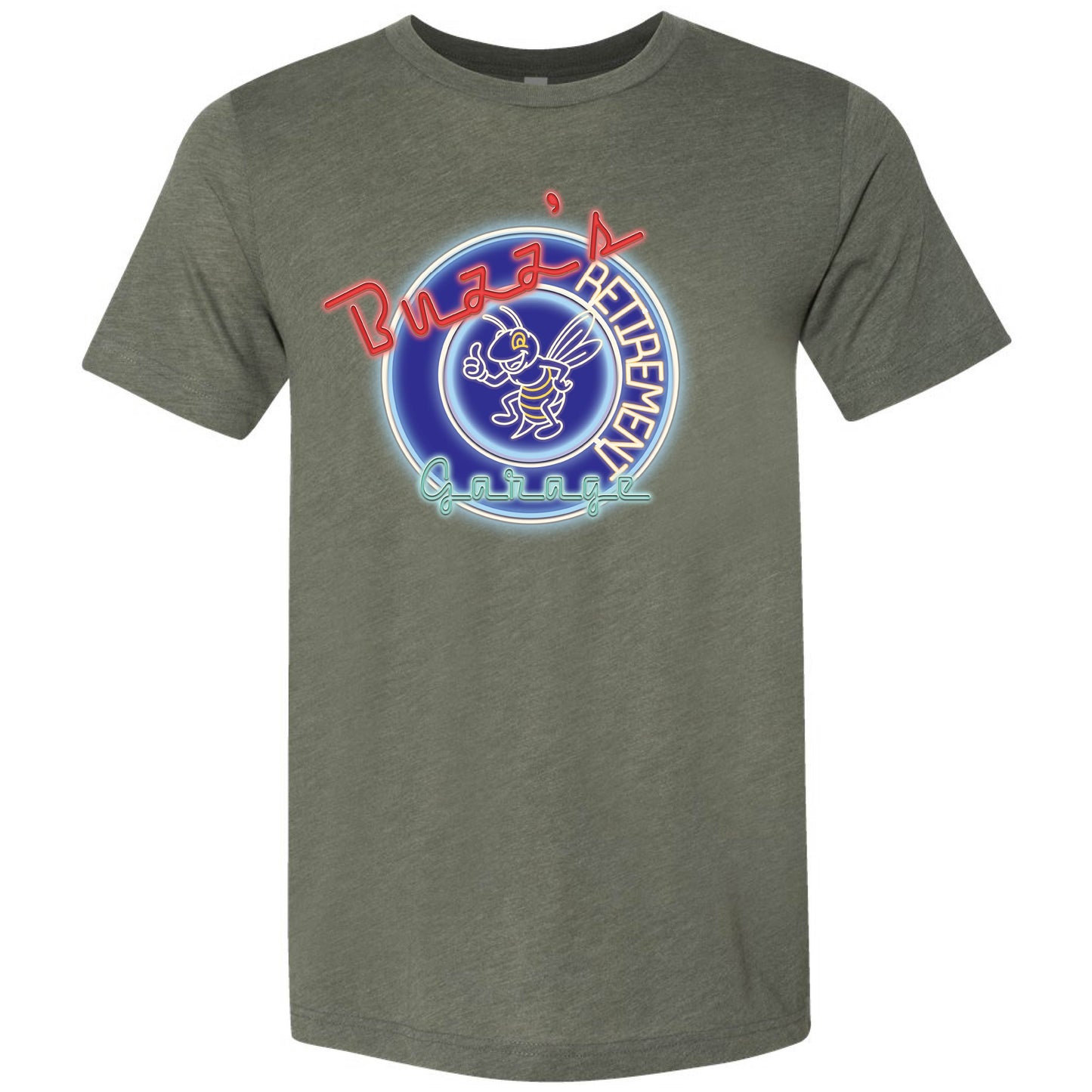 Short Sleeve T-Shirt with Buzz’s Retirement Garage Neon Logo – Bella + Canvas