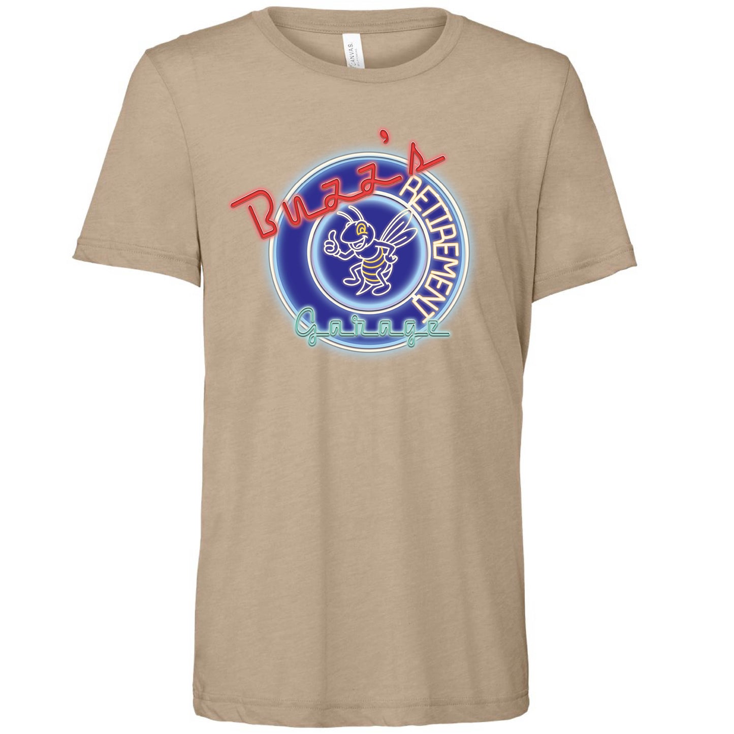 Short Sleeve T-Shirt with Buzz’s Retirement Garage Neon Logo – Bella + Canvas
