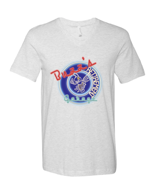 Short Sleeve V Neck T-shirt with Buzz's Retirement Garage Neon Logo - Bella + Canvas
