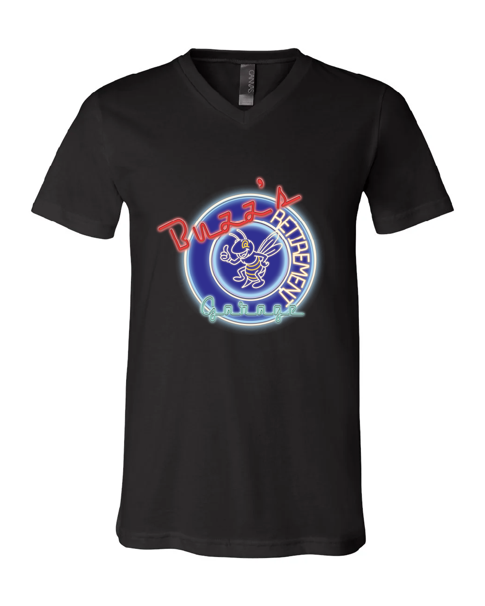 Short Sleeve V Neck T-shirt with Buzz's Retirement Garage Neon Logo - Bella + Canvas