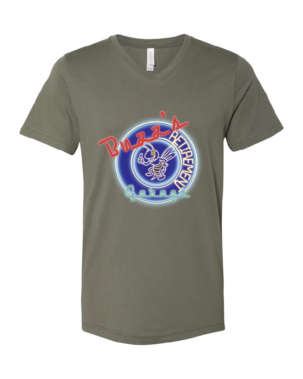 Short Sleeve V Neck T-shirt with Buzz's Retirement Garage Neon Logo - Bella + Canvas
