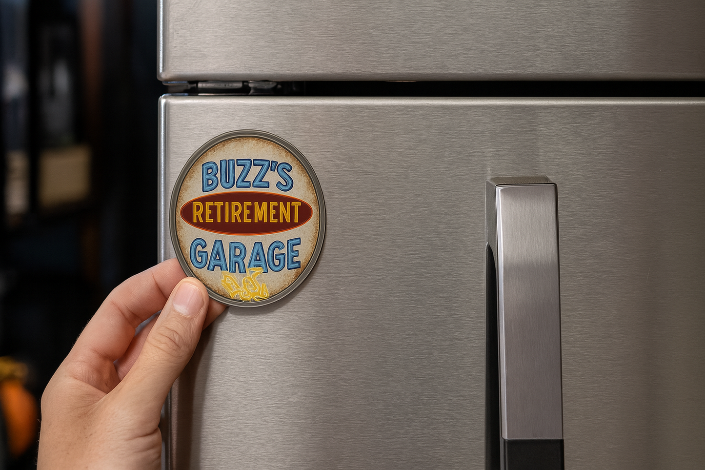 Hand placing a 'Buzz's Retirement Garage' magnet on a refrigerator.