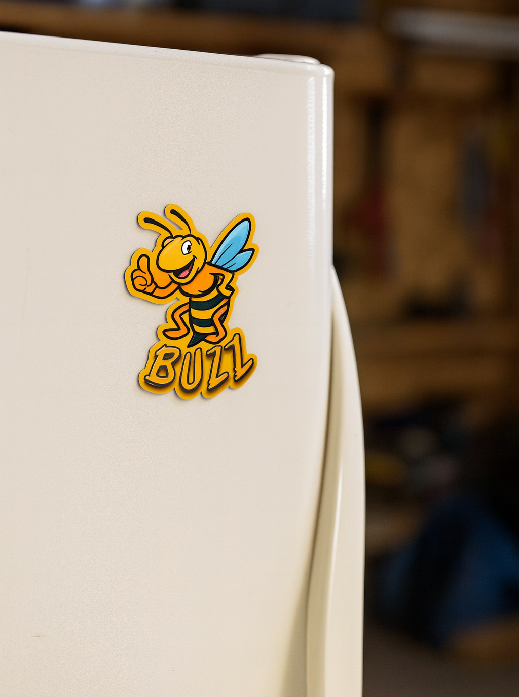 Bees logo on a white surface with a blurred background