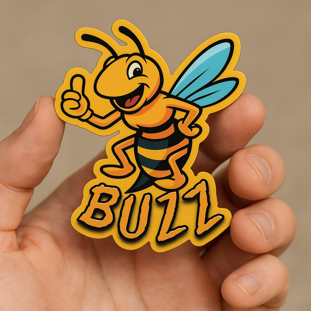 Hand holding a bee-shaped sticker with 'BUZZ' text against a beige background