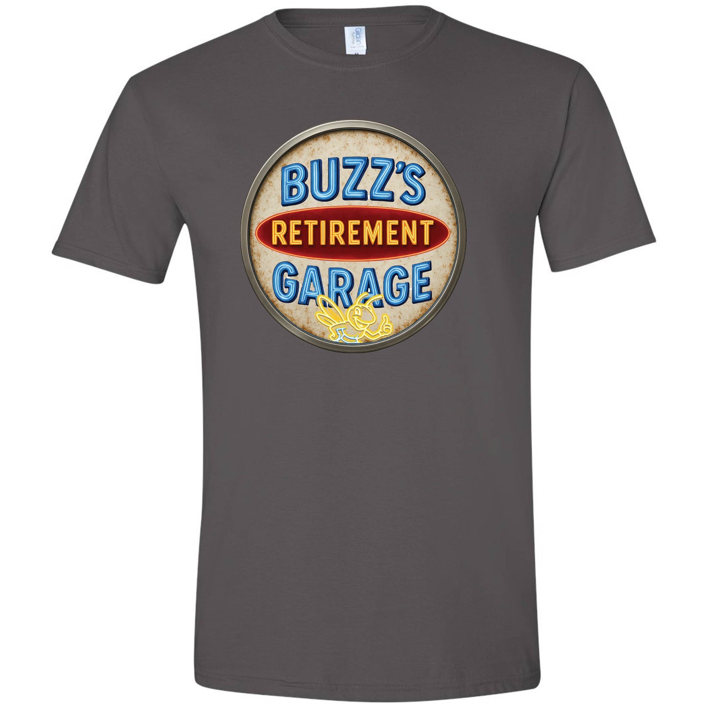 Short Sleeve T-Shirt with Buzz’s Retirement Garage Antique Logo – Gildan Softstyle