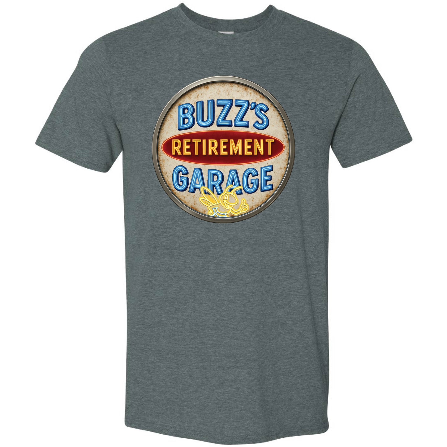 Short Sleeve T-Shirt with Buzz’s Retirement Garage Antique Logo – Gildan Softstyle