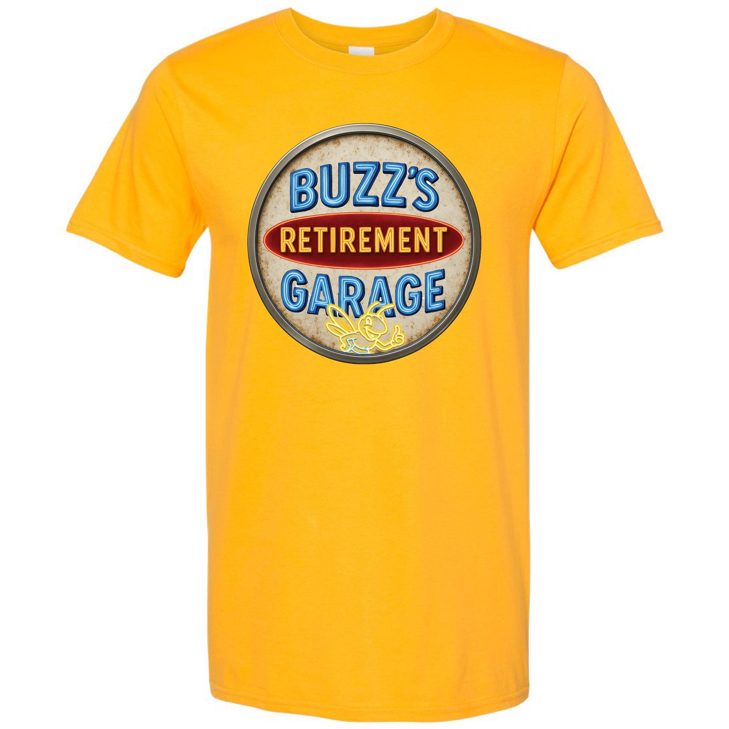 Short Sleeve T-Shirt with Buzz’s Retirement Garage Antique Logo – Gildan Softstyle