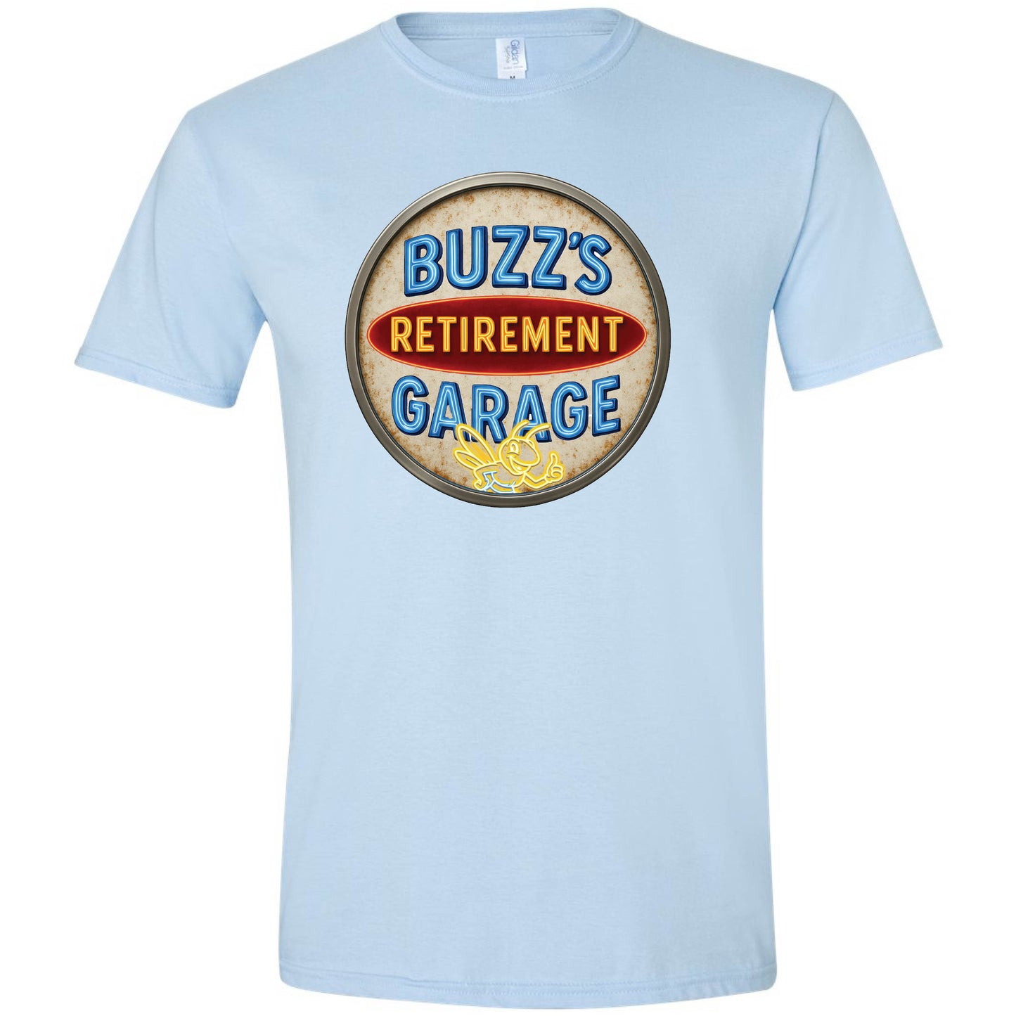 Short Sleeve T-Shirt with Buzz’s Retirement Garage Antique Logo – Gildan Softstyle