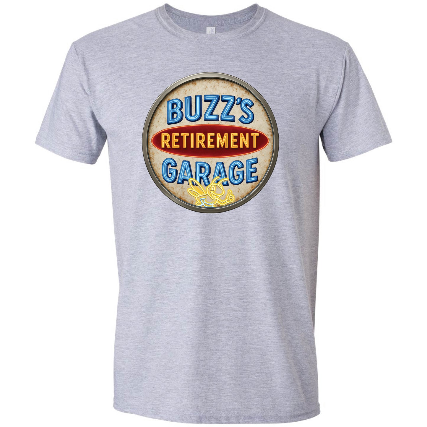 Short Sleeve T-Shirt with Buzz’s Retirement Garage Antique Logo – Gildan Softstyle