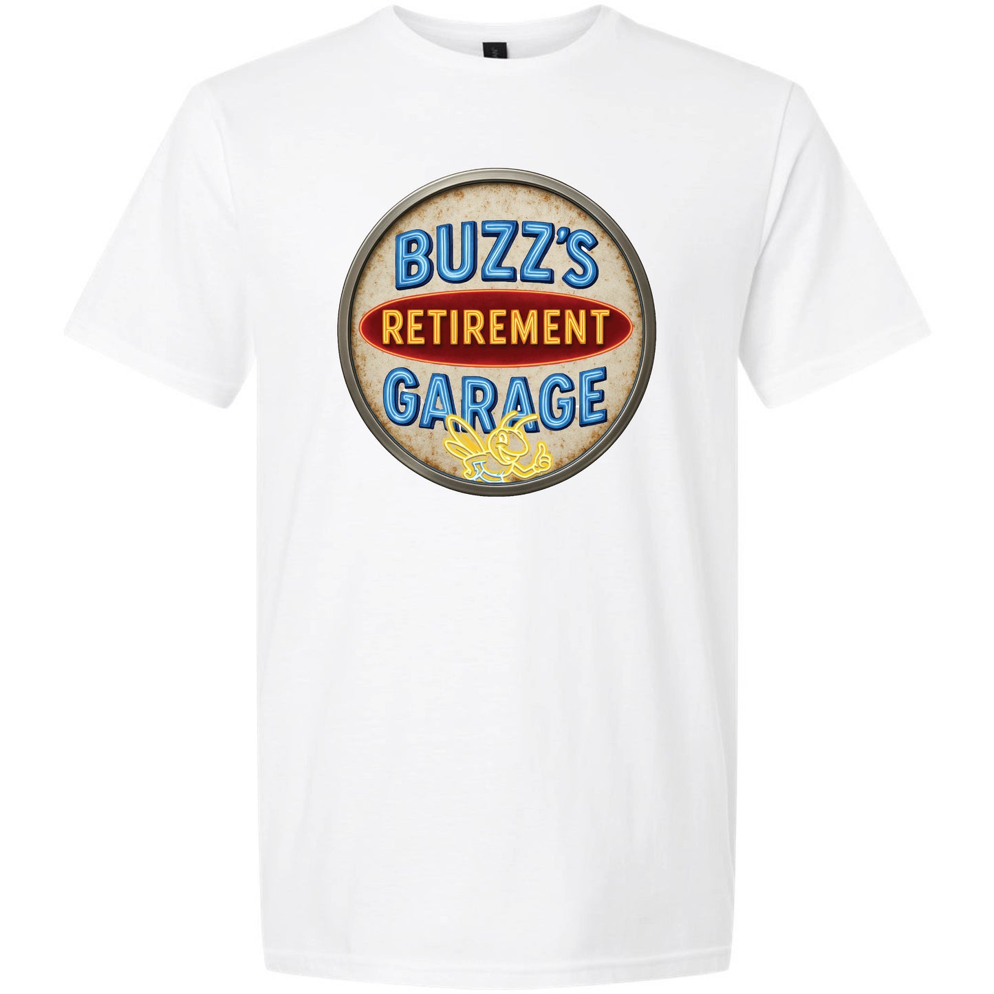 Short Sleeve T-Shirt with Buzz’s Retirement Garage Antique Logo – Gildan Softstyle