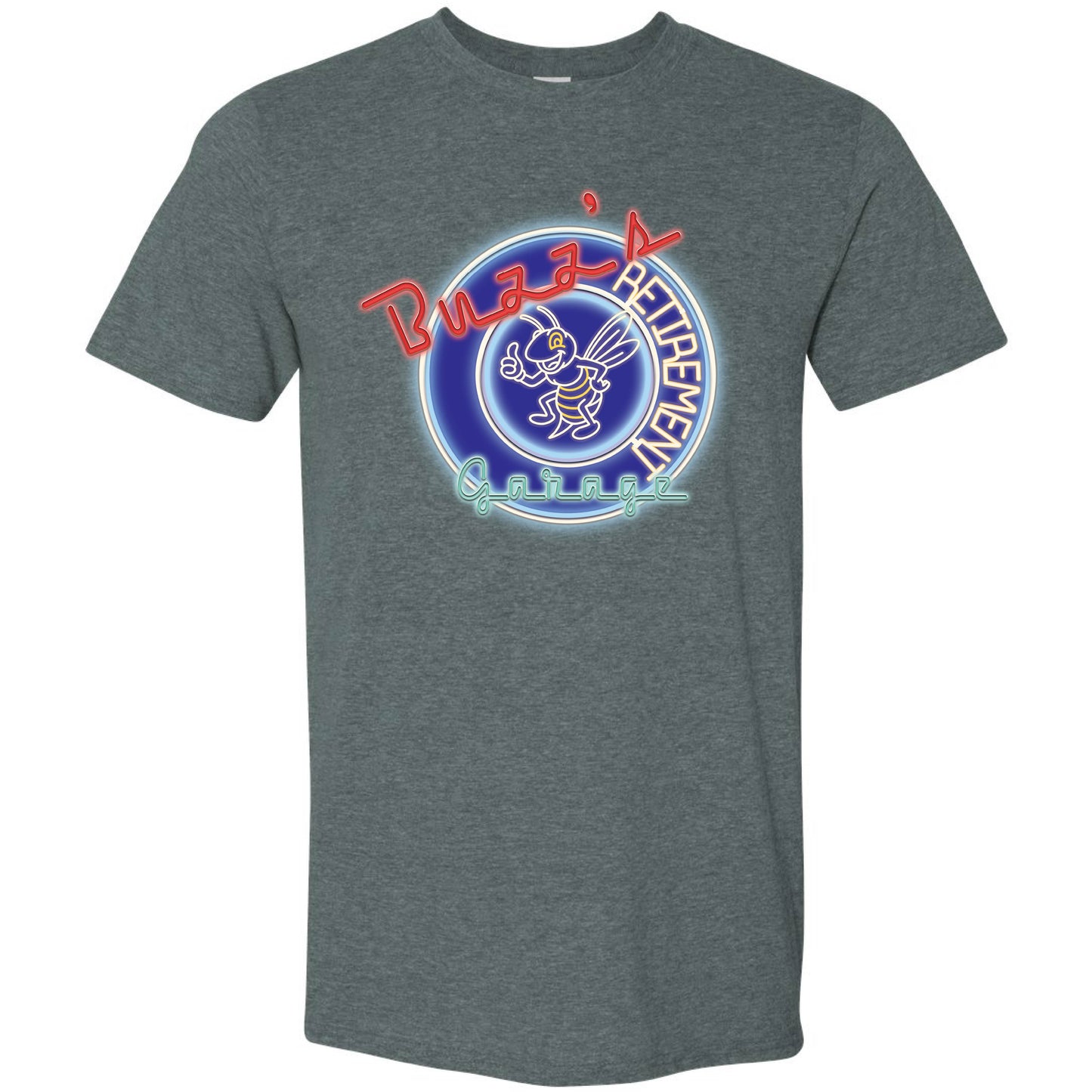 Short Sleeve T-Shirt with Buzz’s Retirement Garage Neon Logo – Gildan Softstyle