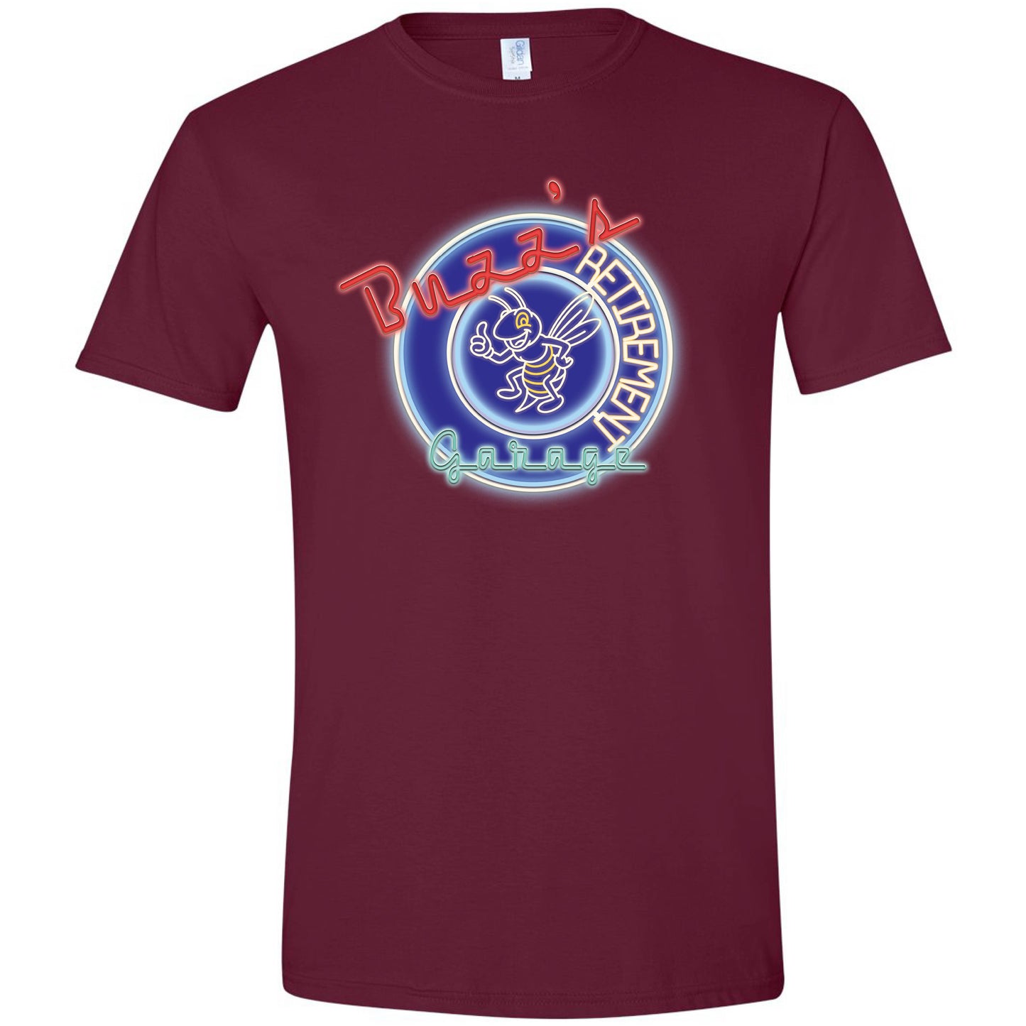 Short Sleeve T-Shirt with Buzz’s Retirement Garage Neon Logo – Gildan Softstyle