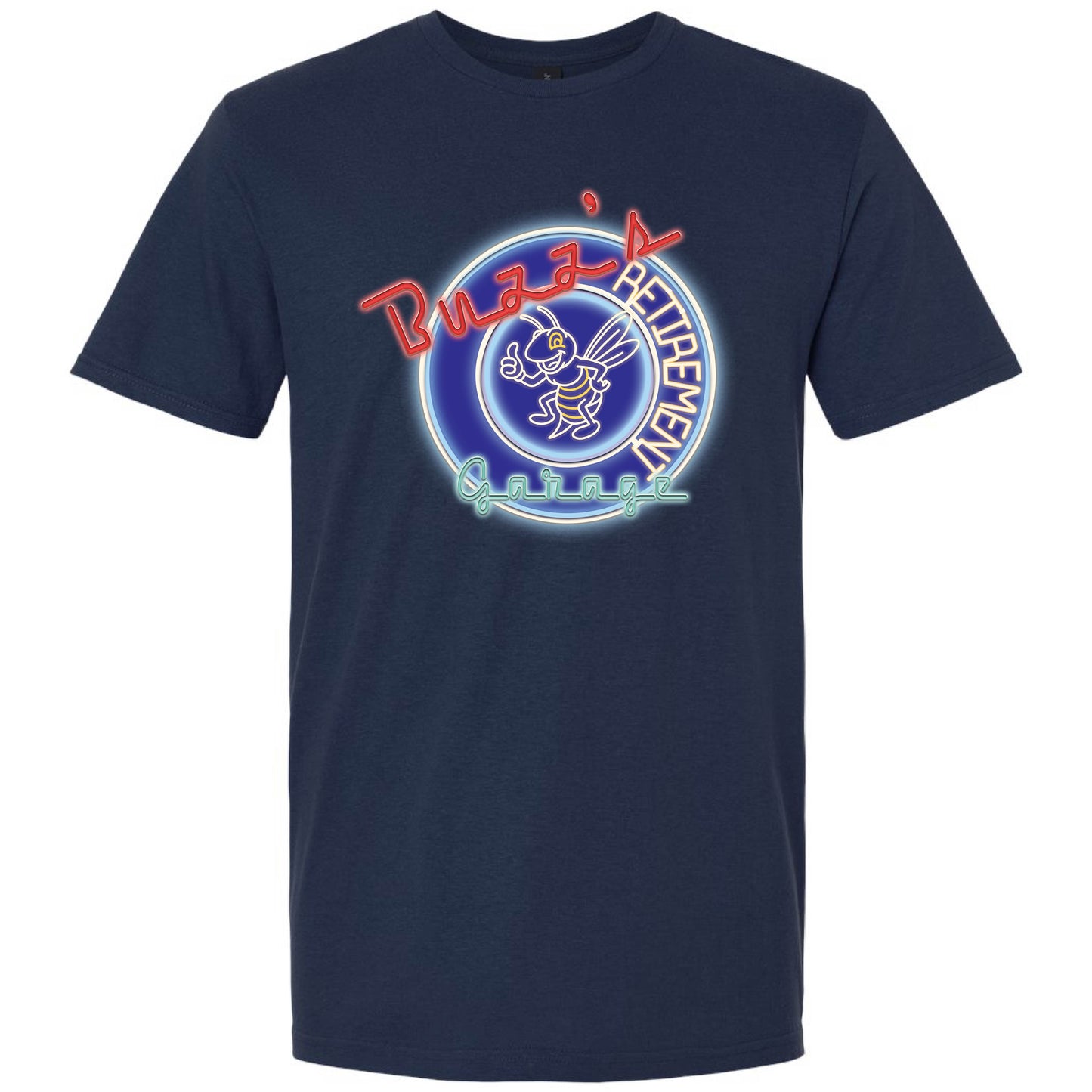 Short Sleeve T-Shirt with Buzz’s Retirement Garage Neon Logo – Gildan Softstyle
