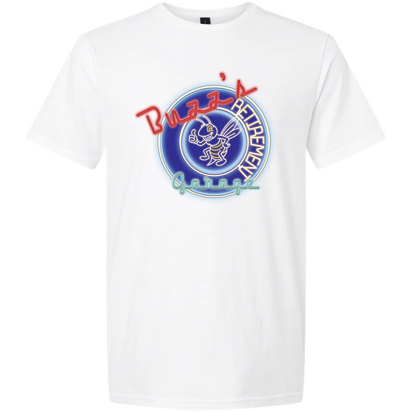 Short Sleeve T-Shirt with Buzz’s Retirement Garage Neon Logo – Gildan Softstyle