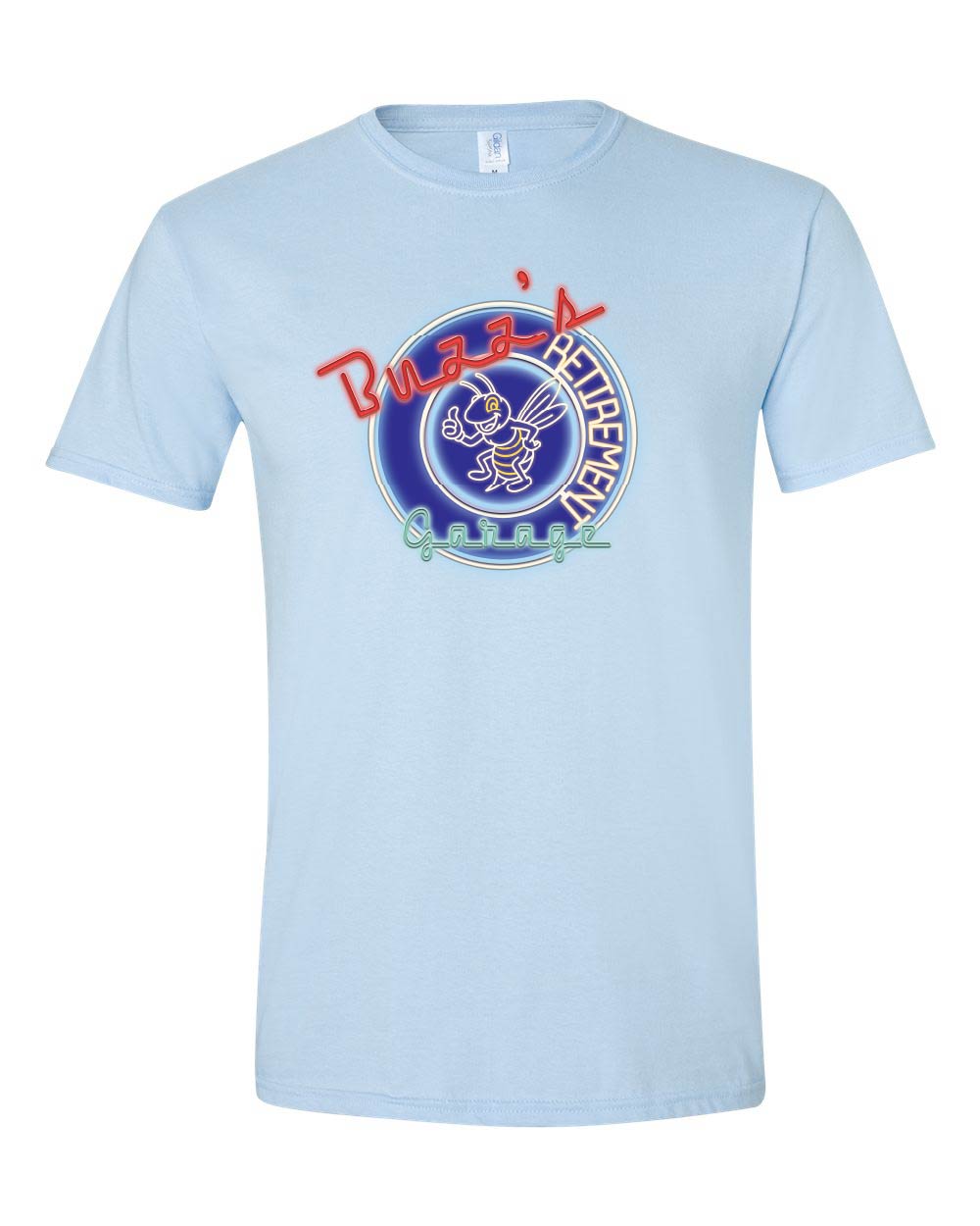 Light blue t-shirt with a graphic design on a white background