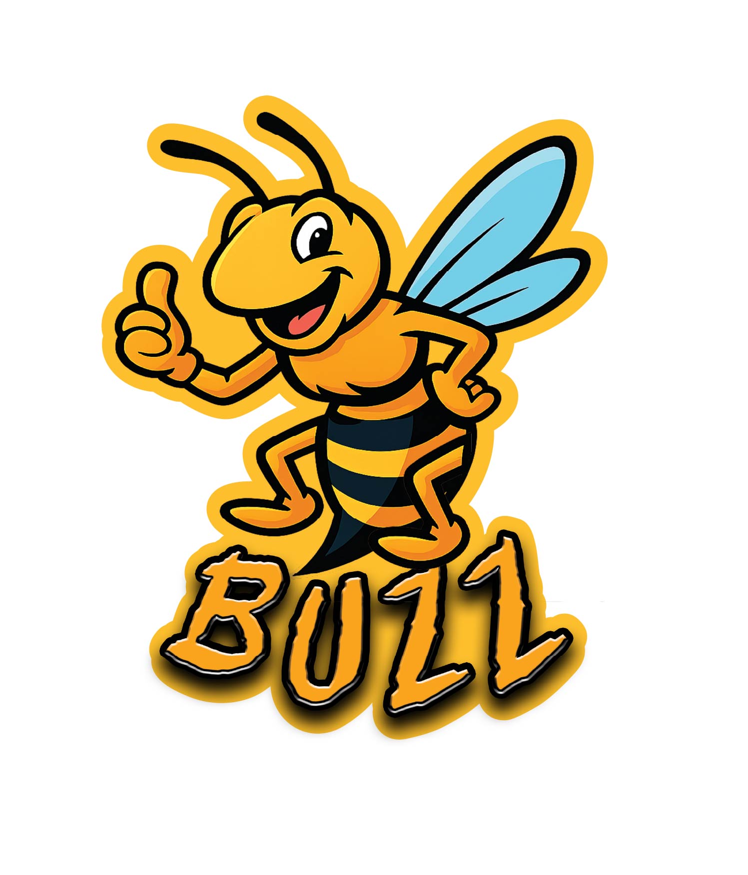 Cartoon bee character with 'BUZZ' text on a white background