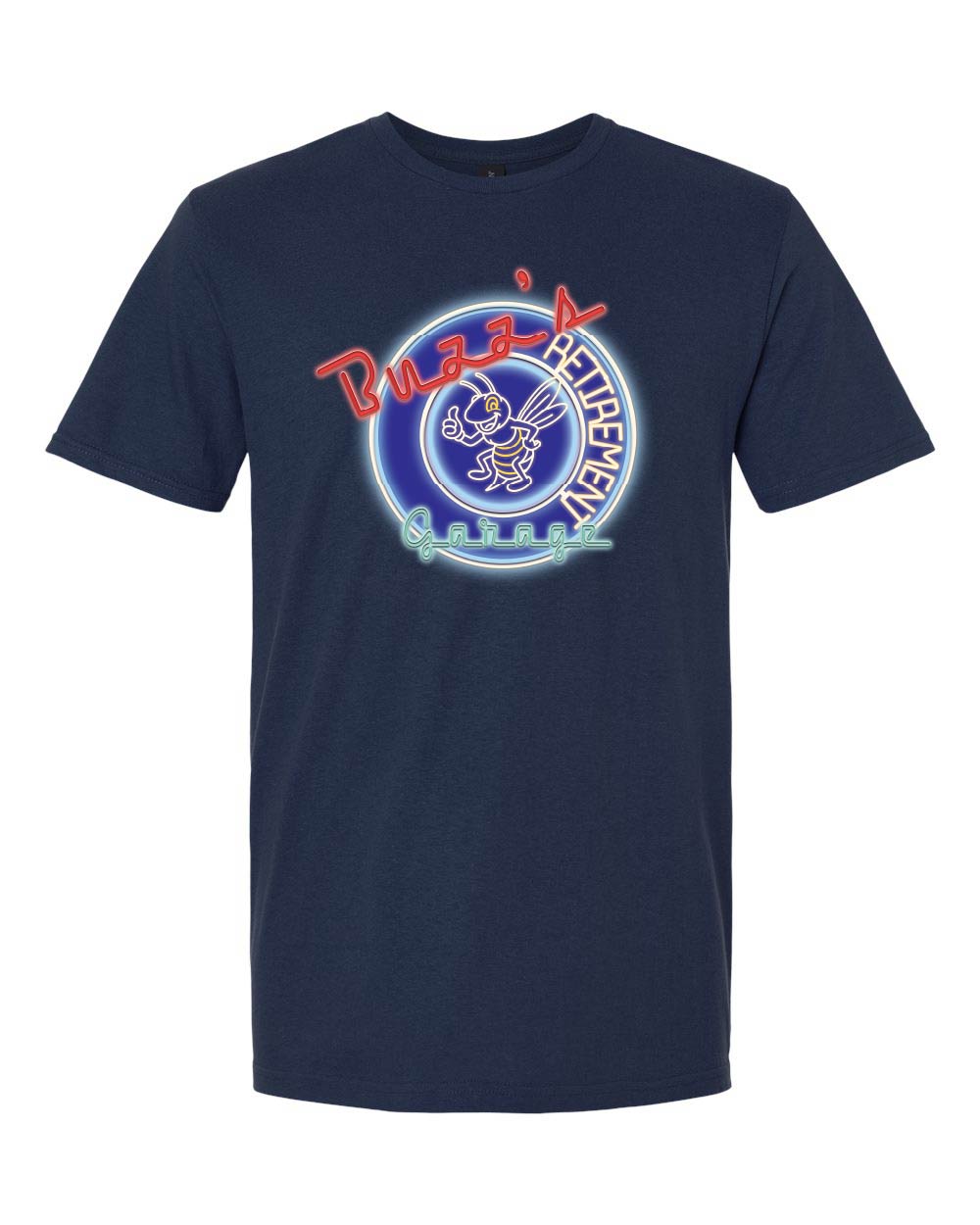 Navy blue t-shirt with a colorful logo on a white background