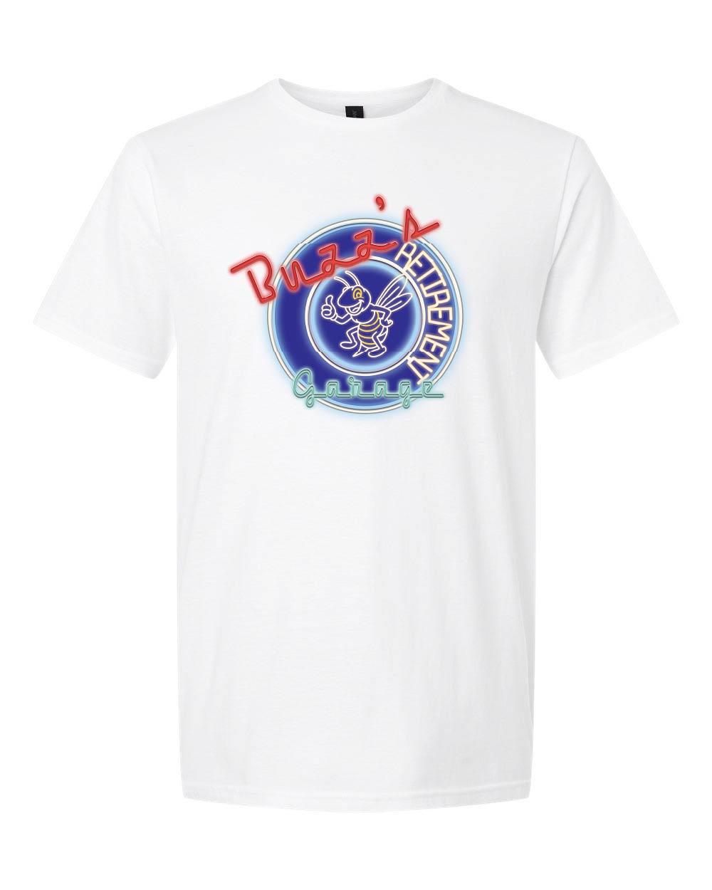 White t-shirt with a colorful graphic design on a white background