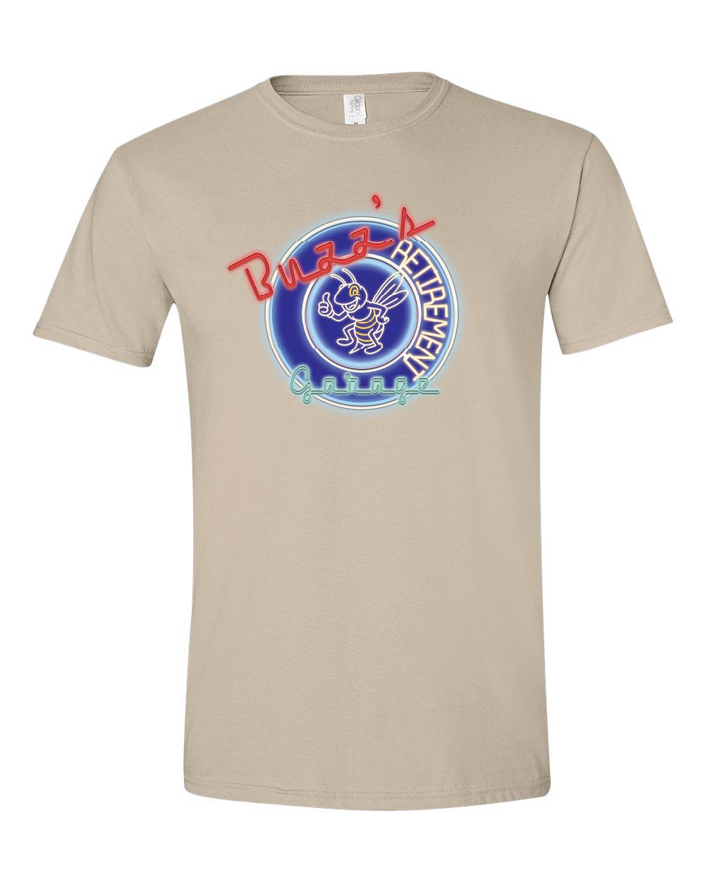 Beige t-shirt with a graphic design on a white background