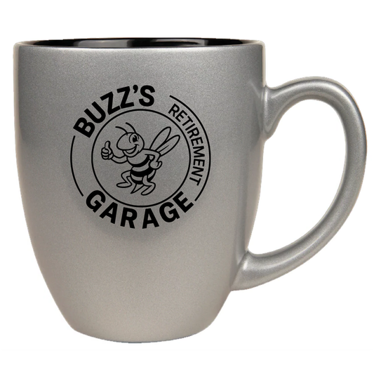 Gray mug with 'Buzz's Retirement Garage' logo on a white background