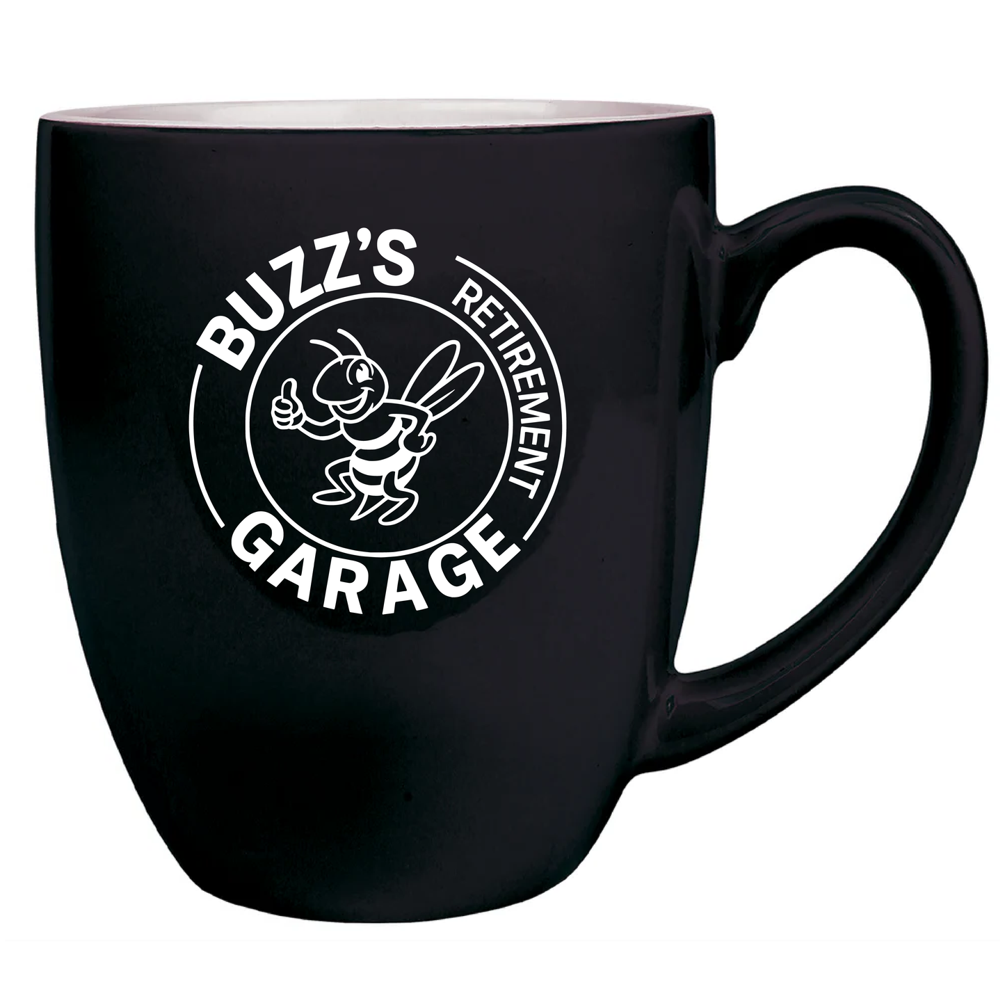 Black mug with 'Buzz's Retirement Garage' logo on a white background