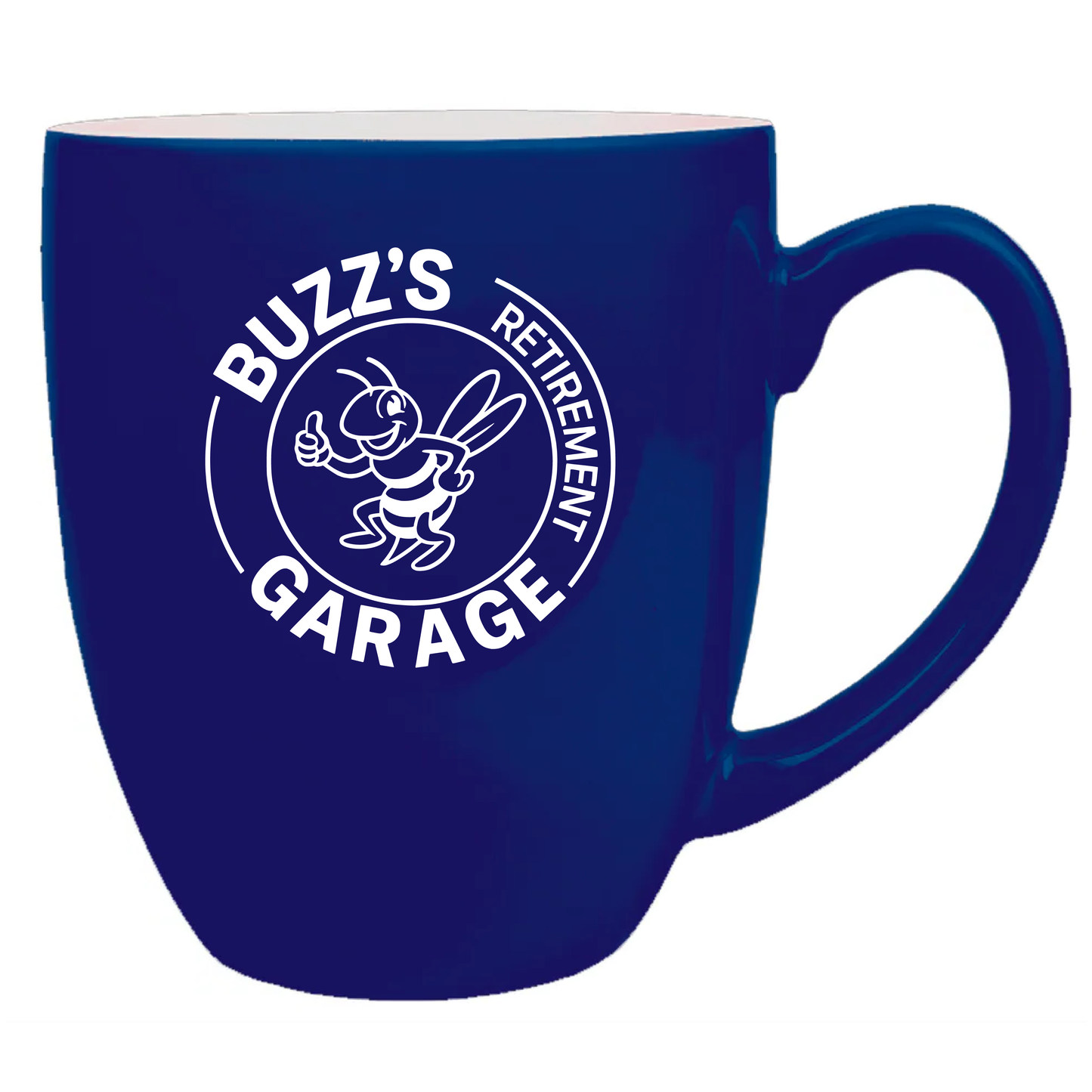 Blue mug with 'Buzz's Retirement Garage' logo on a white background