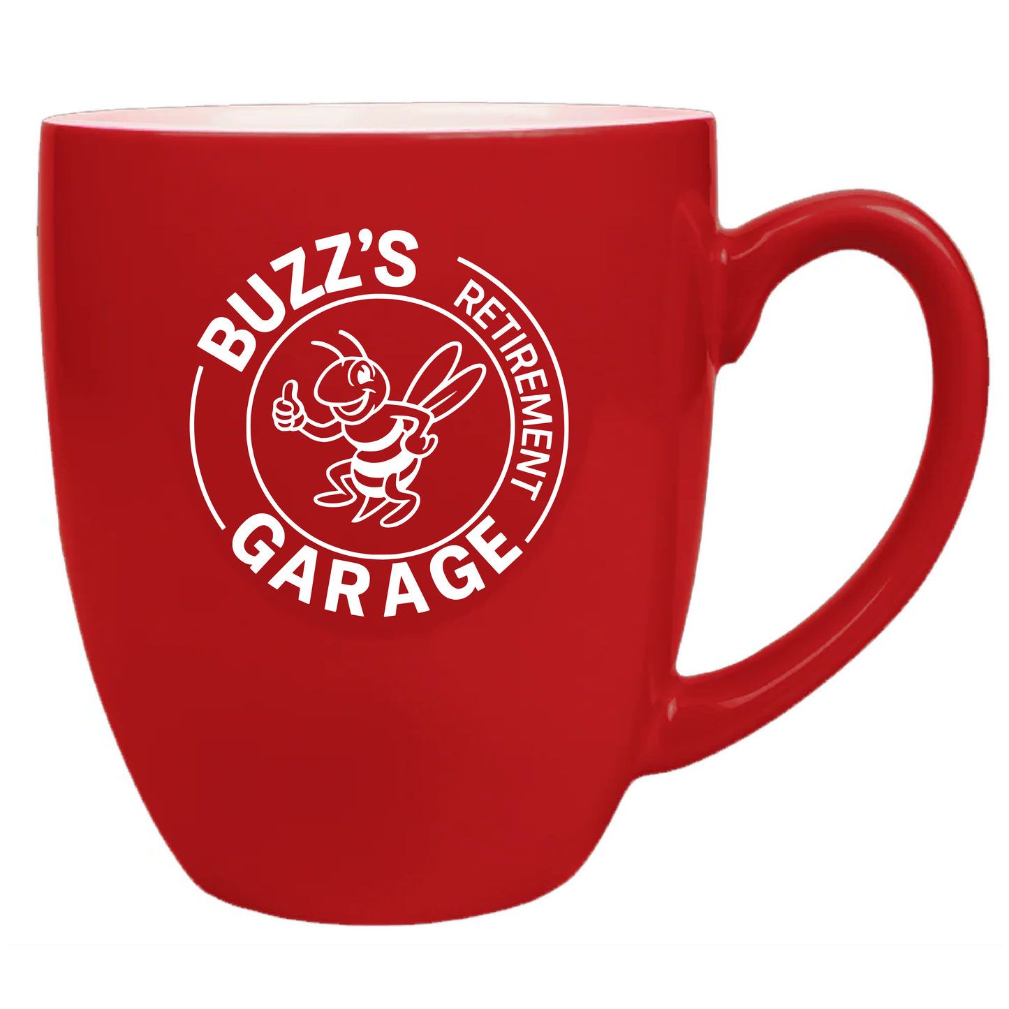 Red mug with 'Buzz's Retirement Garage' logo on a white background
