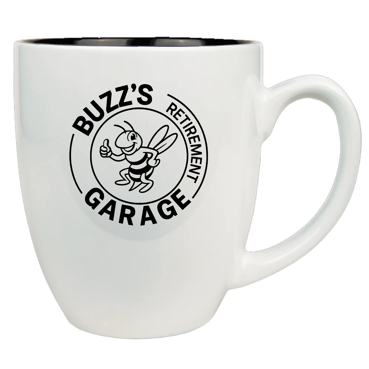 White mug with black interior, featuring 'Buzz's Retirement Garage' logo with a bee graphic.