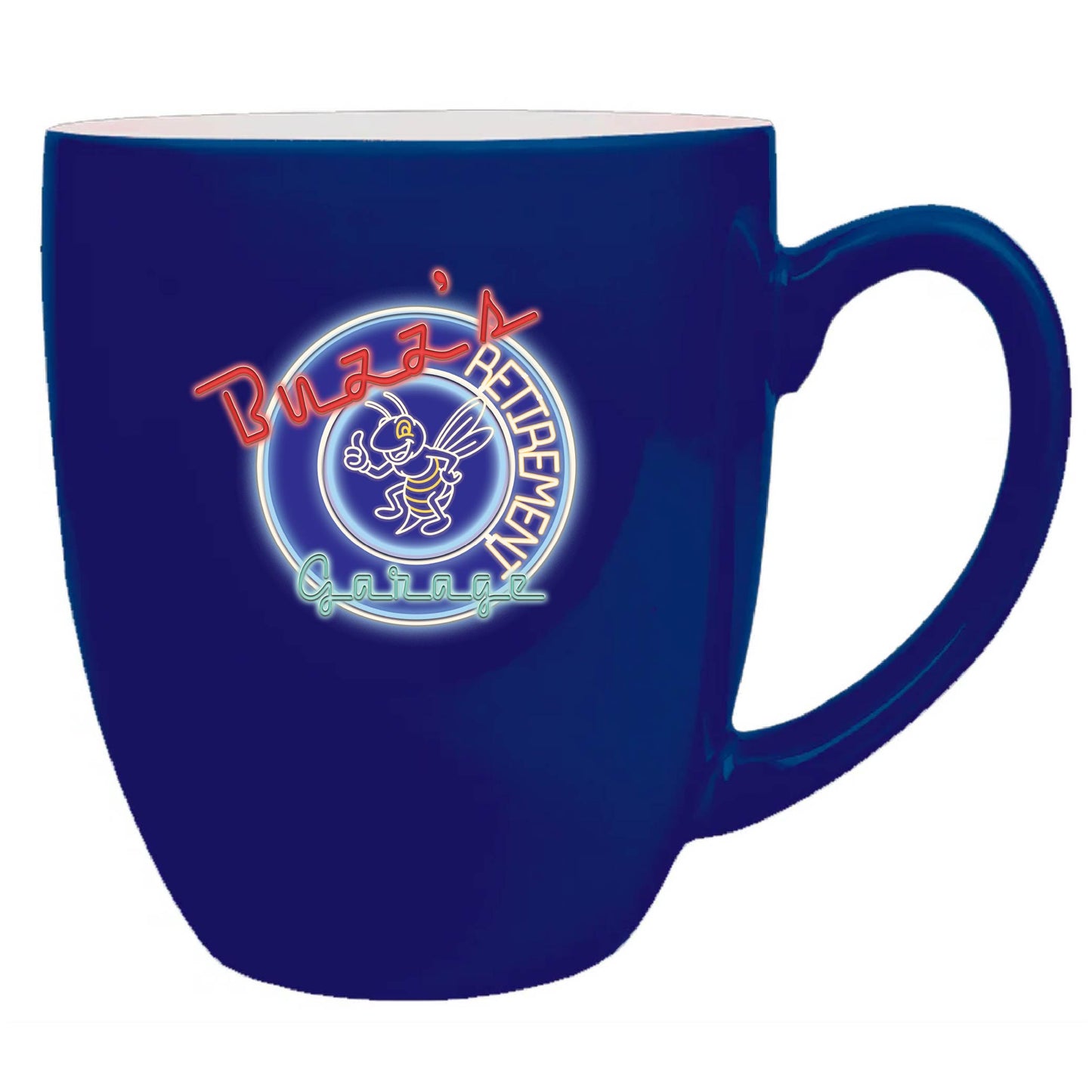 Blue mug with a logo on a white background