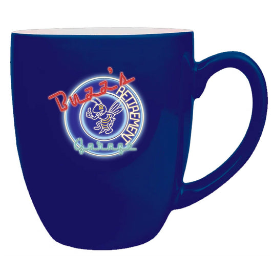 Blue mug with a logo on a white background