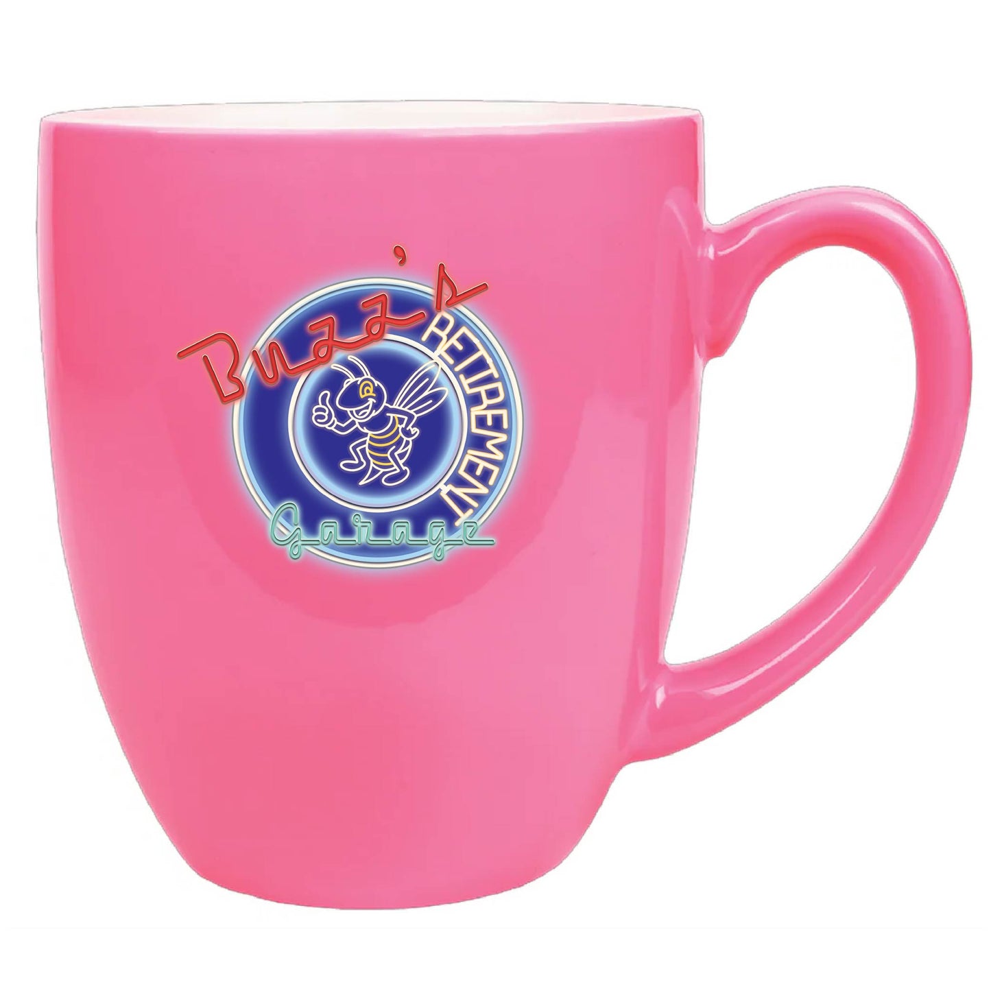 Pink mug with a logo on a white background