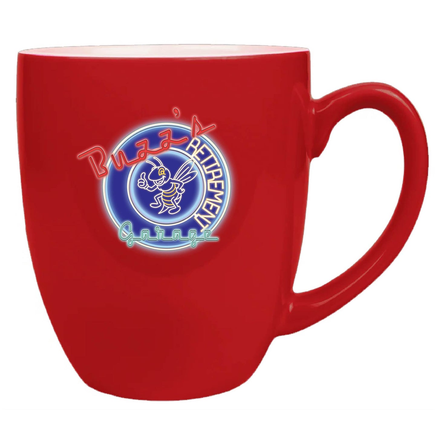 Red mug with a logo on a white background