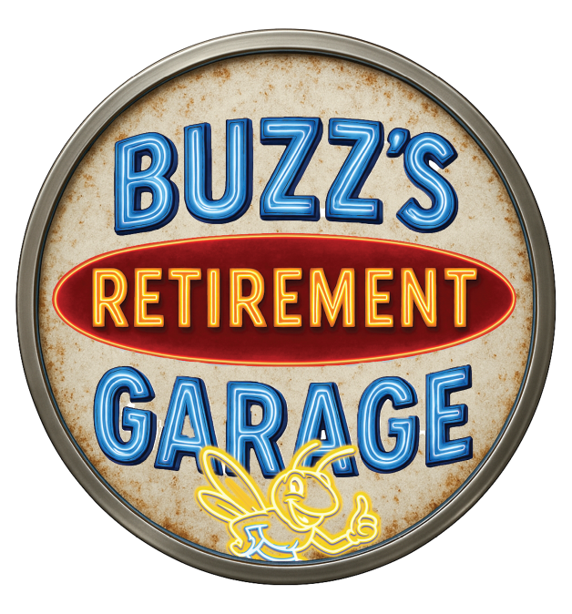 Round sign with 'Buzz's Retirement Garage' text and a bee logo on a white background
