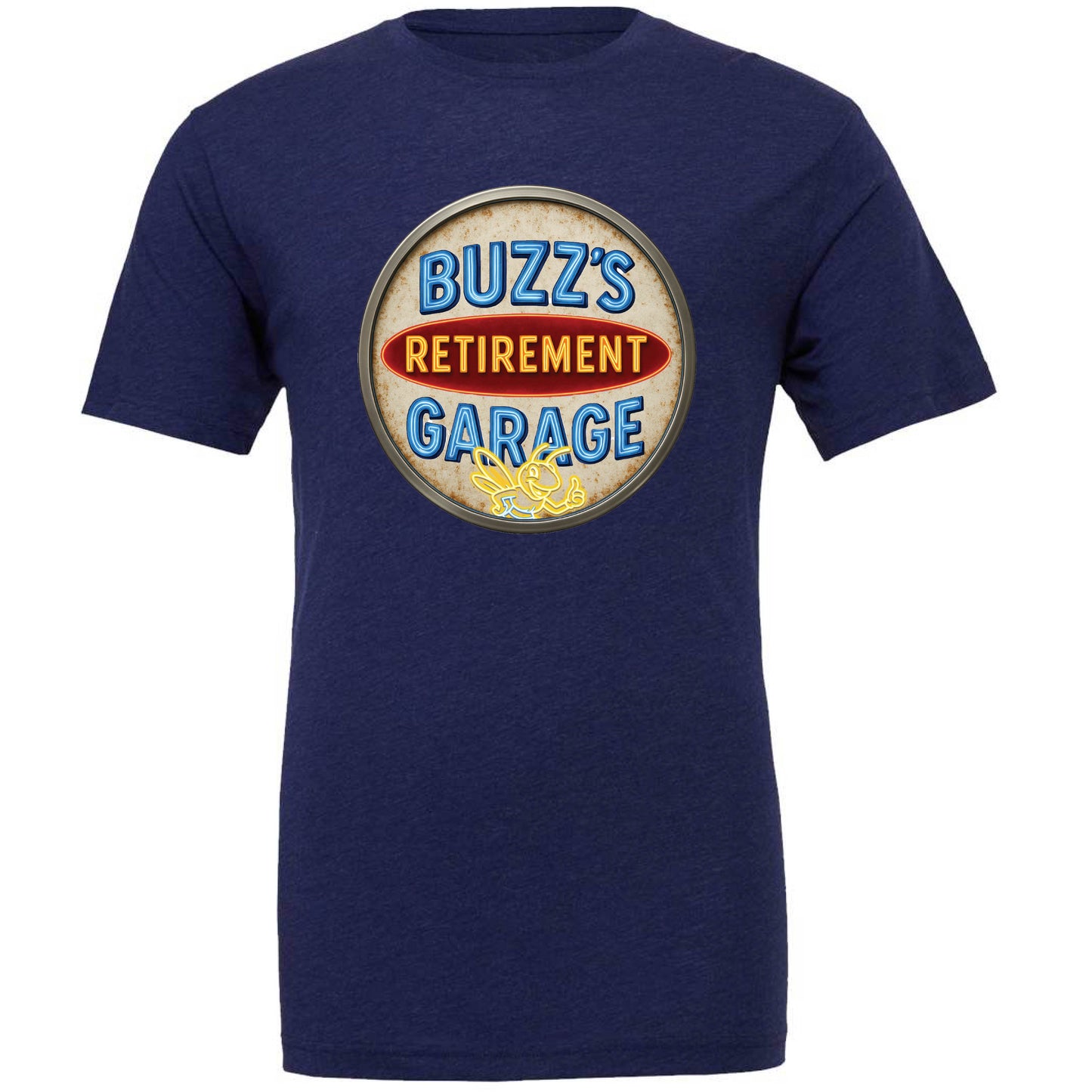 Short Sleeve T-Shirt with Buzz’s Retirement Garage Antique Logo – Bella + Canvas