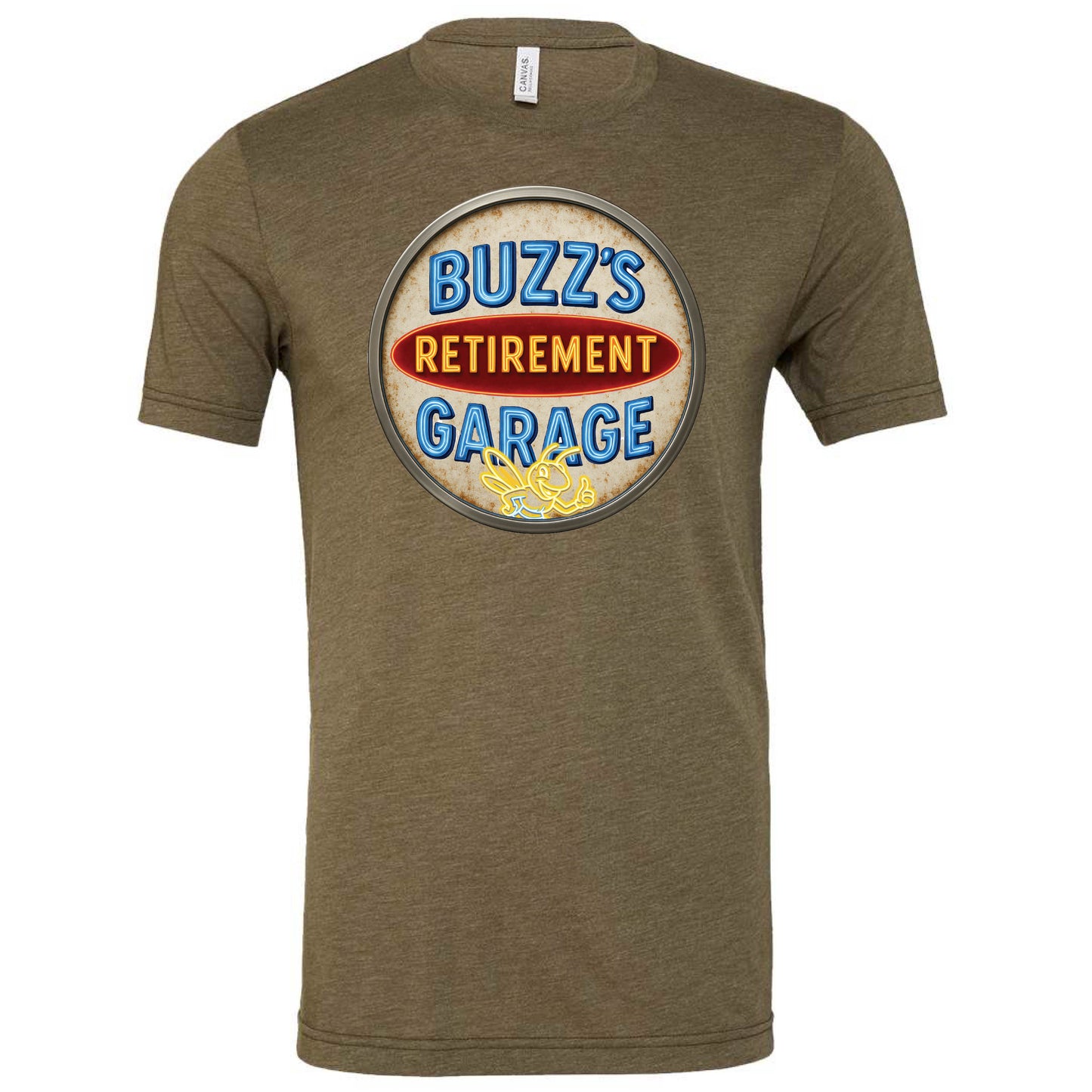 Short Sleeve T-Shirt with Buzz’s Retirement Garage Antique Logo – Bella + Canvas
