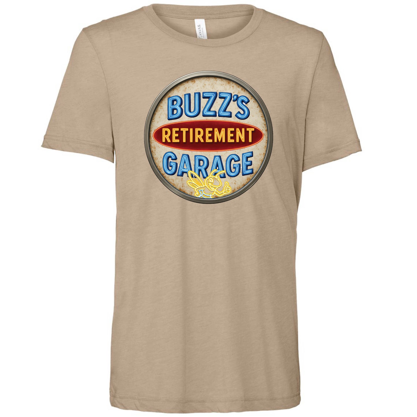 Short Sleeve T-Shirt with Buzz’s Retirement Garage Antique Logo – Bella + Canvas