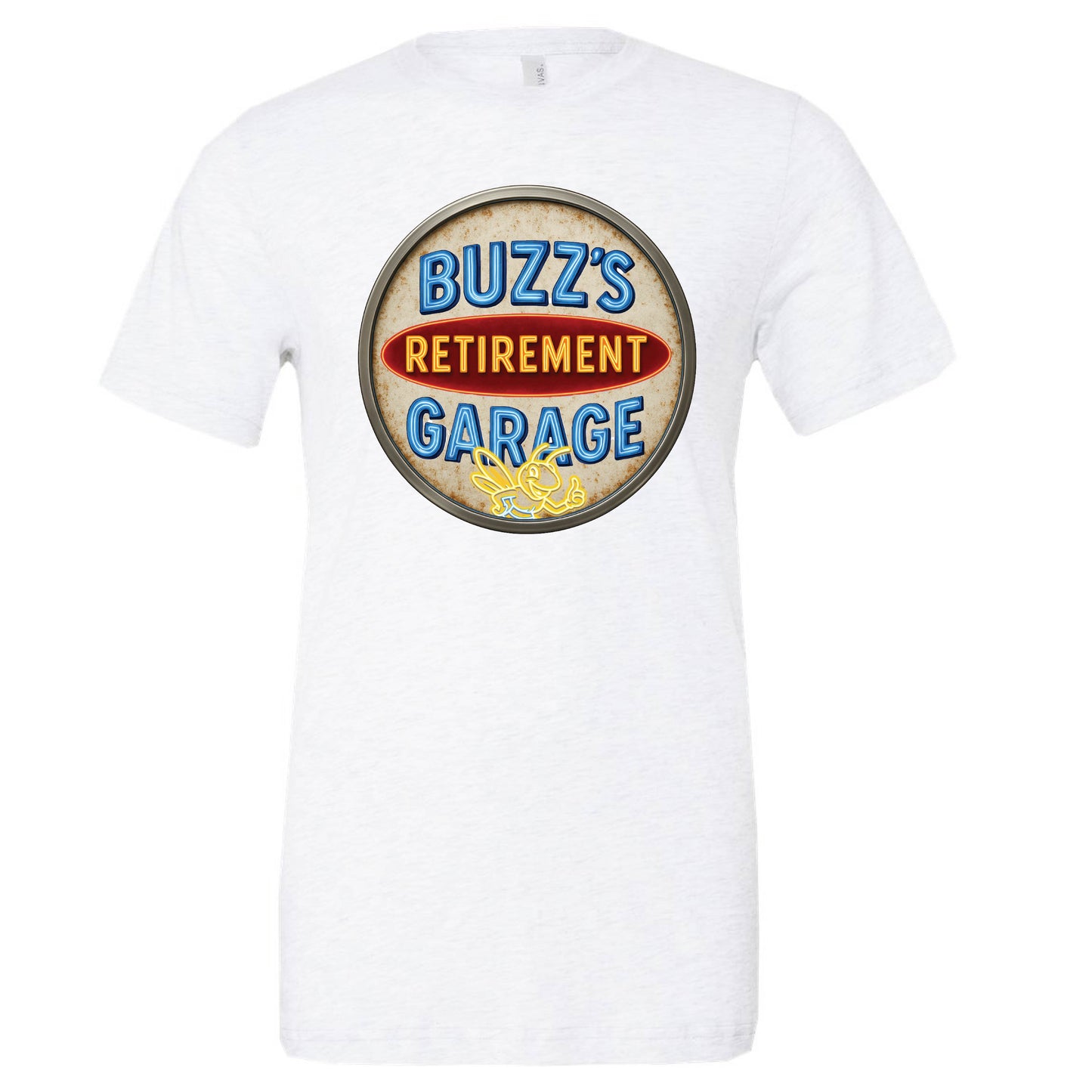 Short Sleeve T-Shirt with Buzz’s Retirement Garage Antique Logo – Bella + Canvas