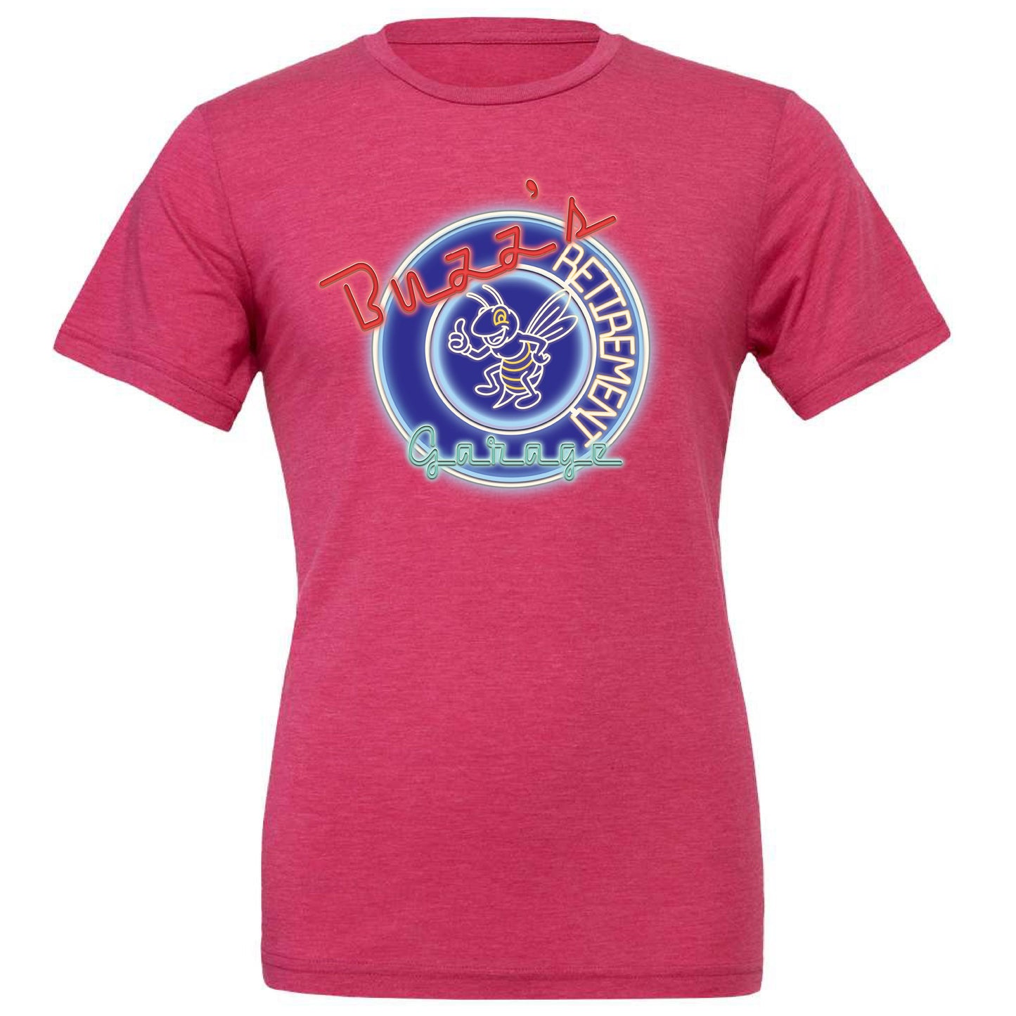 Short Sleeve T-Shirt with Buzz’s Retirement Garage Neon Logo – Bella + Canvas