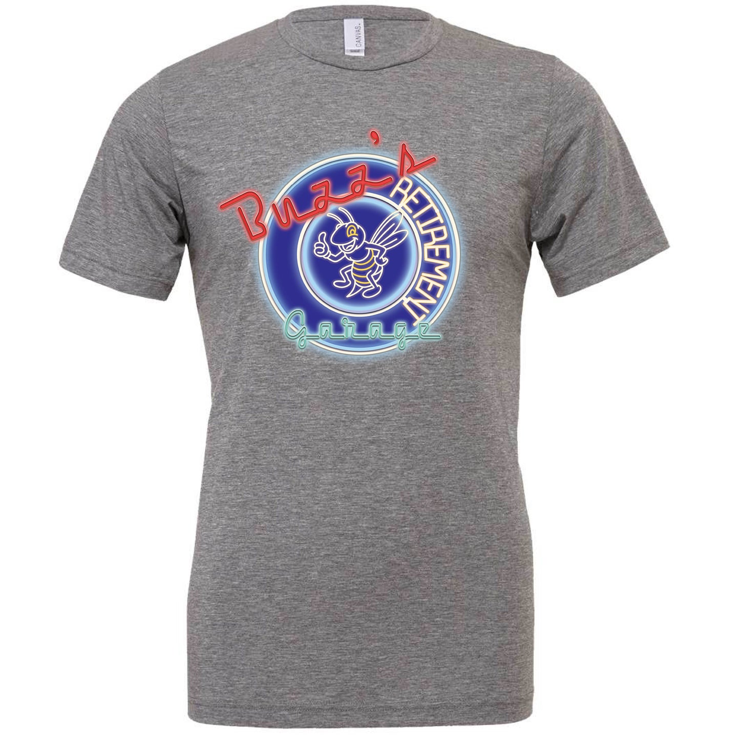 Short Sleeve T-Shirt with Buzz’s Retirement Garage Neon Logo – Bella + Canvas