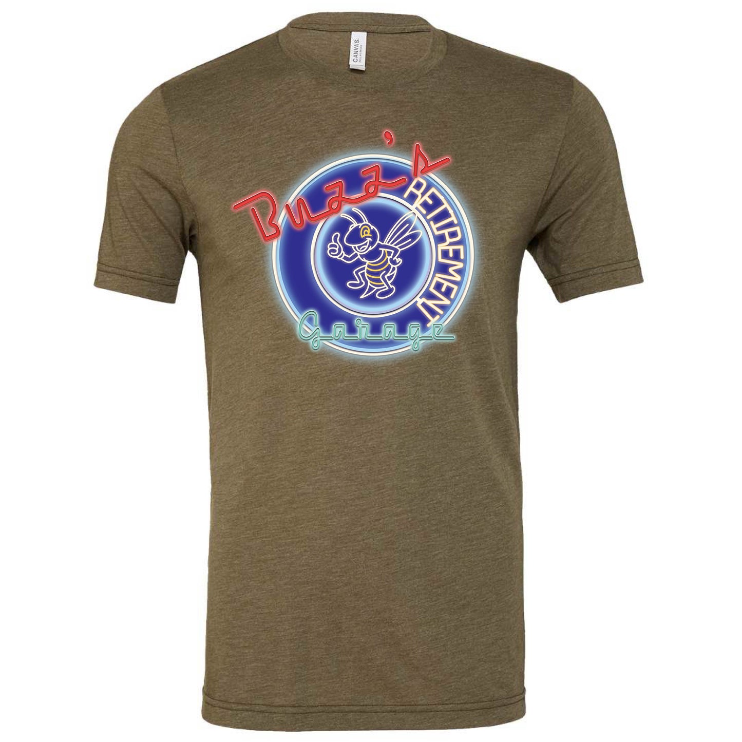 Short Sleeve T-Shirt with Buzz’s Retirement Garage Neon Logo – Bella + Canvas